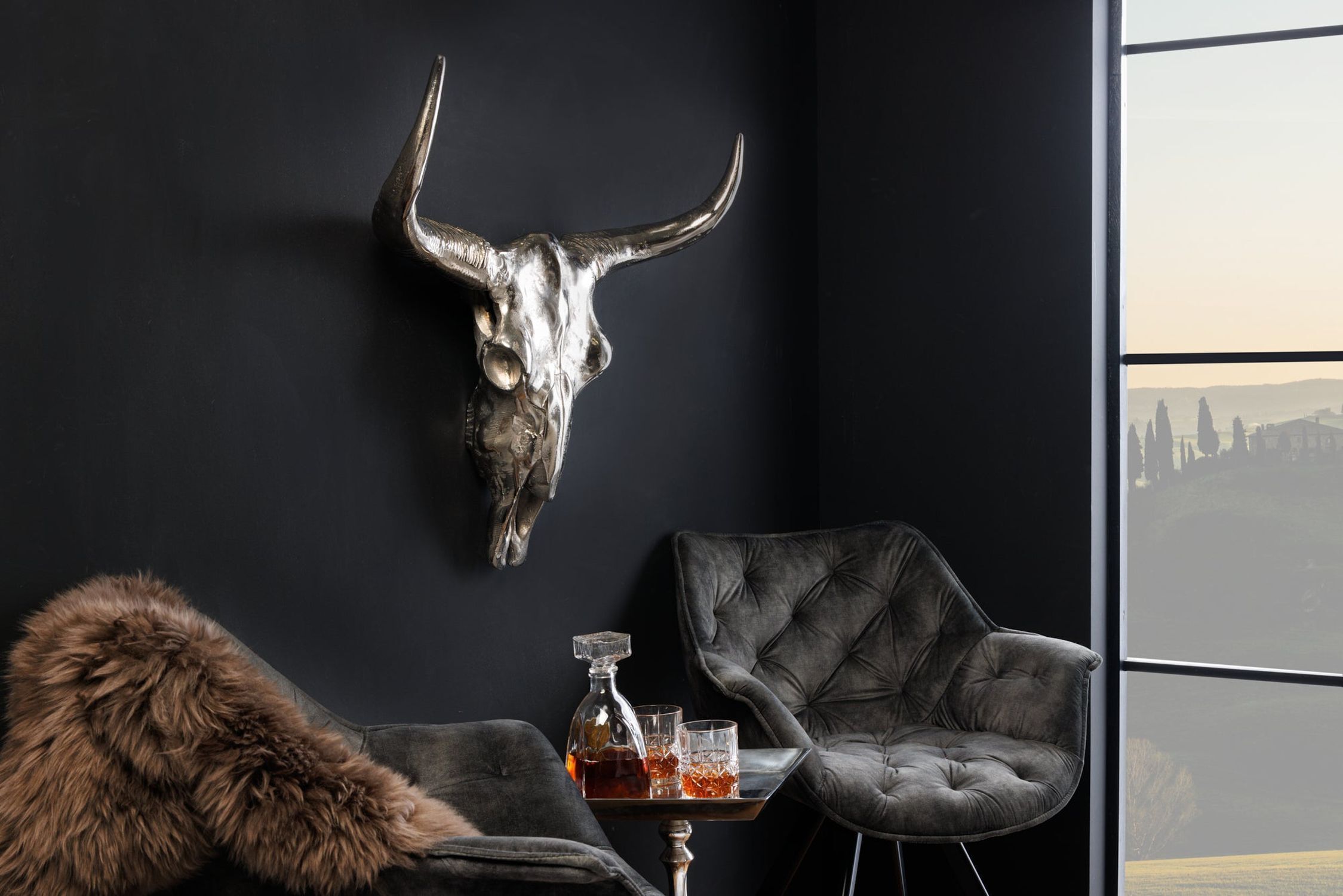 Décoration murale Taureau Crâne en métal fait main L : 70cm en argent Couch, Mobiliar, Wohnzimmer, Zimmer, Glas