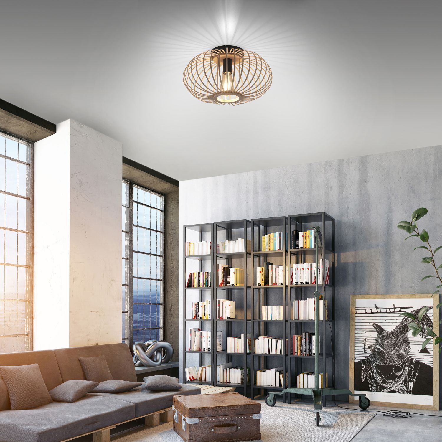 Lampe de plafonnier ronde Scandinave Métal Bois E27 Ø40 cm