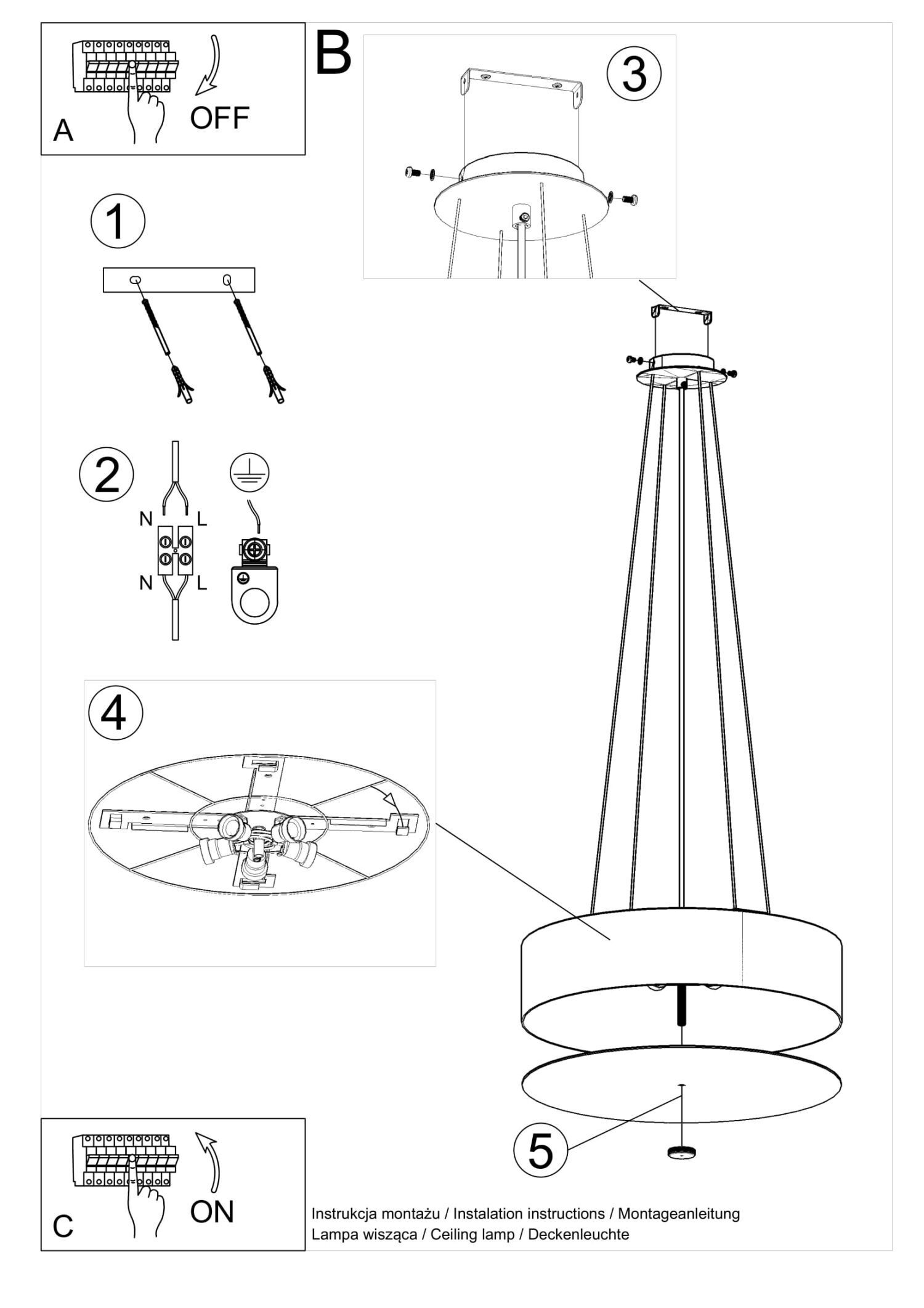 Lampe à suspendre tissu verre Ø 50 cm rond blanc 5x E27 ZIROLI