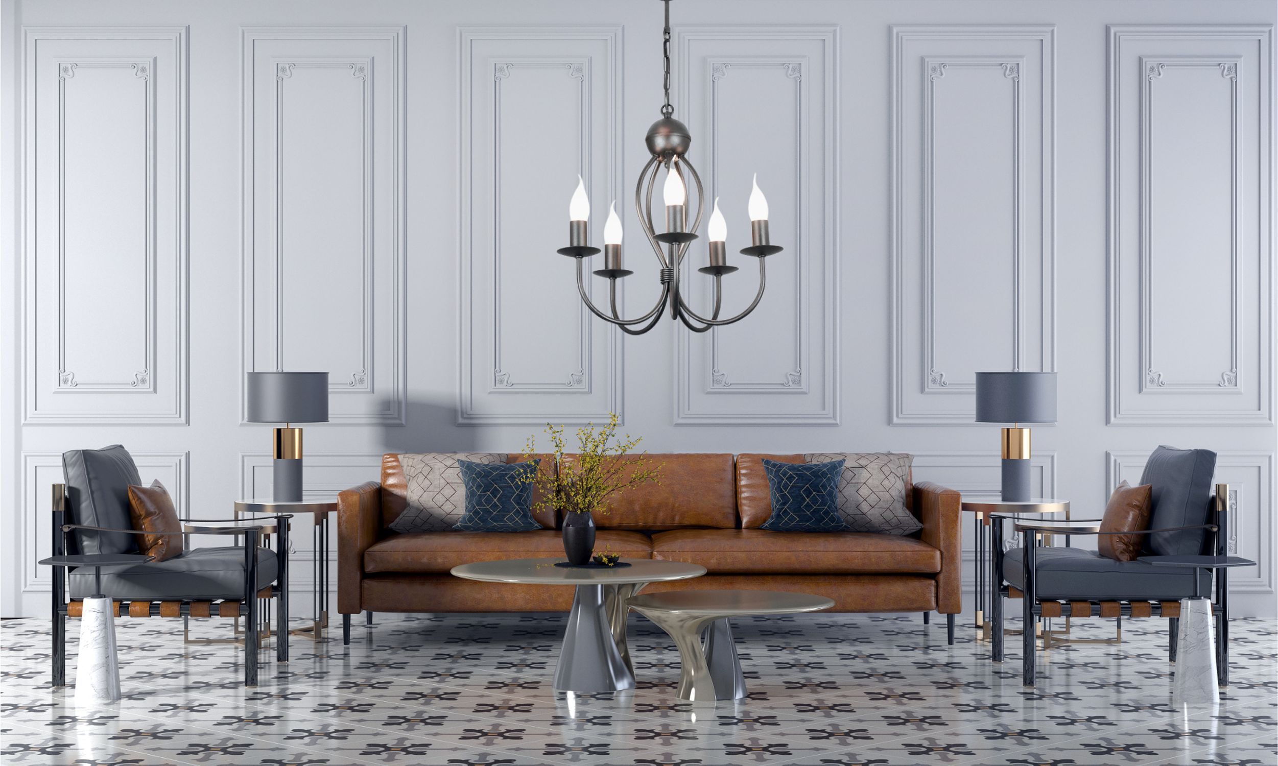 Schwarzer Kronleuchter Metall 5-flammig E14 Klassisch sofa, wohnzimmer, braunes leder, armstühle, kronleuchter