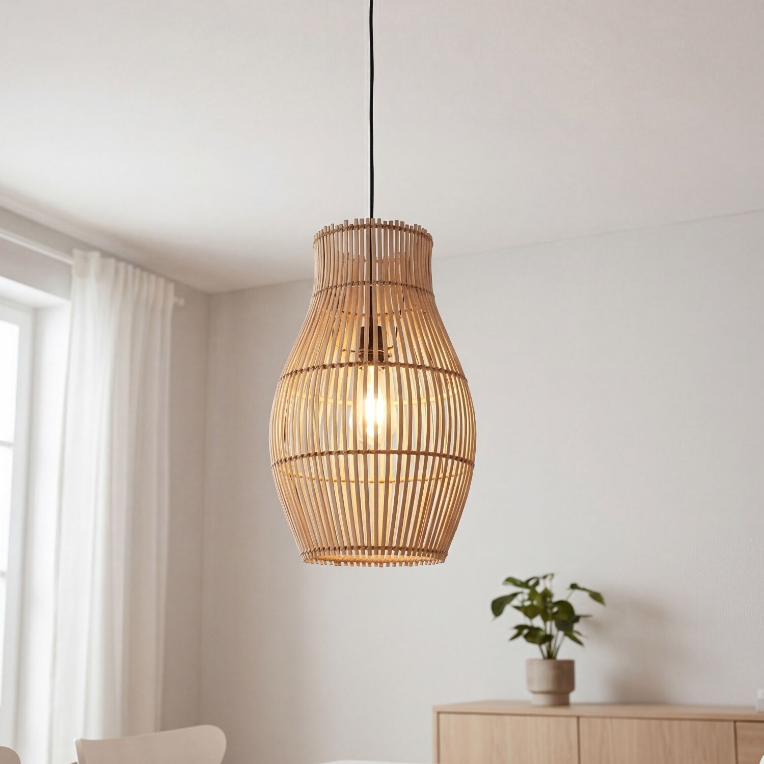 Suspension moderne en bambou naturel noir Ø30 cm E27