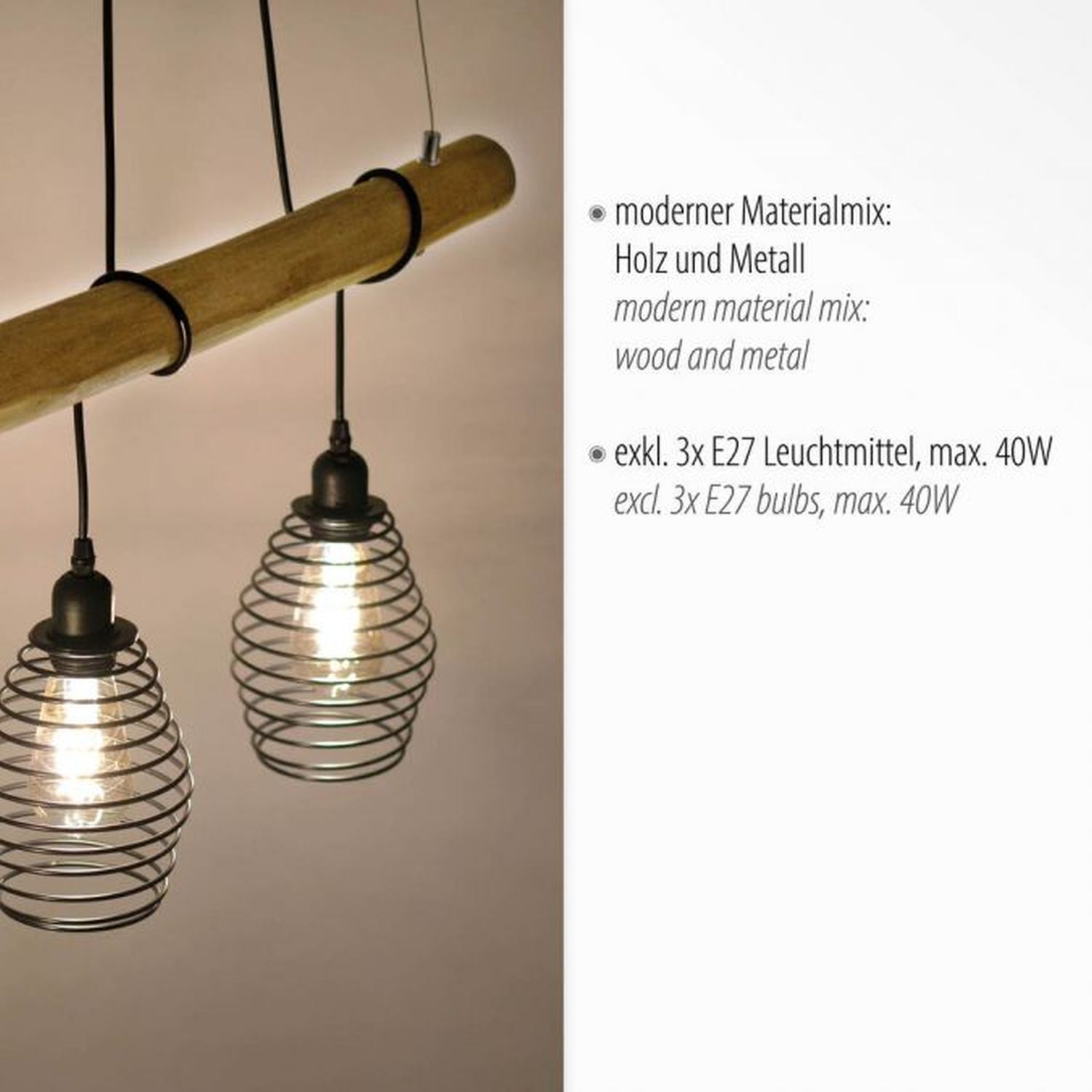 Wohnliche Pendelleuchte E27 90 cm Schwarz Natur Vintage Lampe, Leuchte