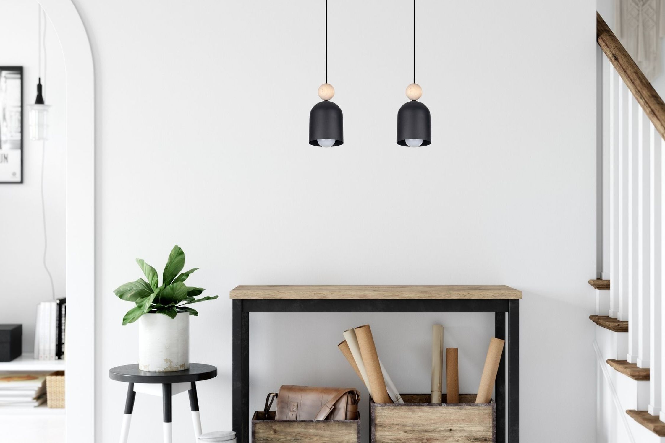 Accueillant luminaire suspendu Noir Métal Bois E27 46 cm Drinnen, Innenarchitektur, Pflanze, Lampe