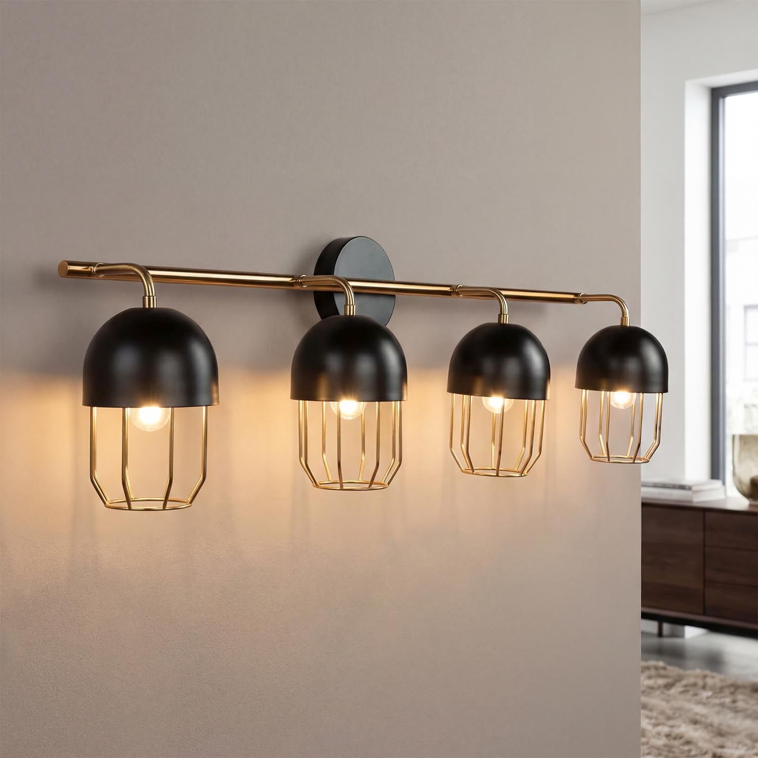 wandleuchte-wandlampe-4-flammig-metall-schwarz-messing-1 Wandleuchte, Deckenleuchte, Metallkorb, Schwarz-Gold, 4-flammig