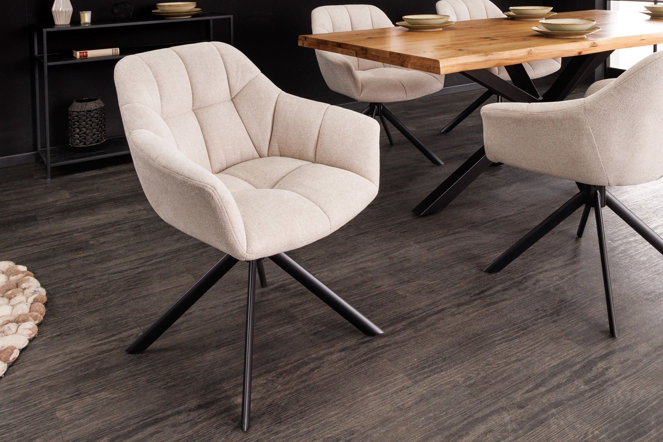 Chaise de bureau sans roulettes Crème Beige Noir Tissu Métal Rétro Moebel, Stuhl, Fußboden, Holz, Tasse