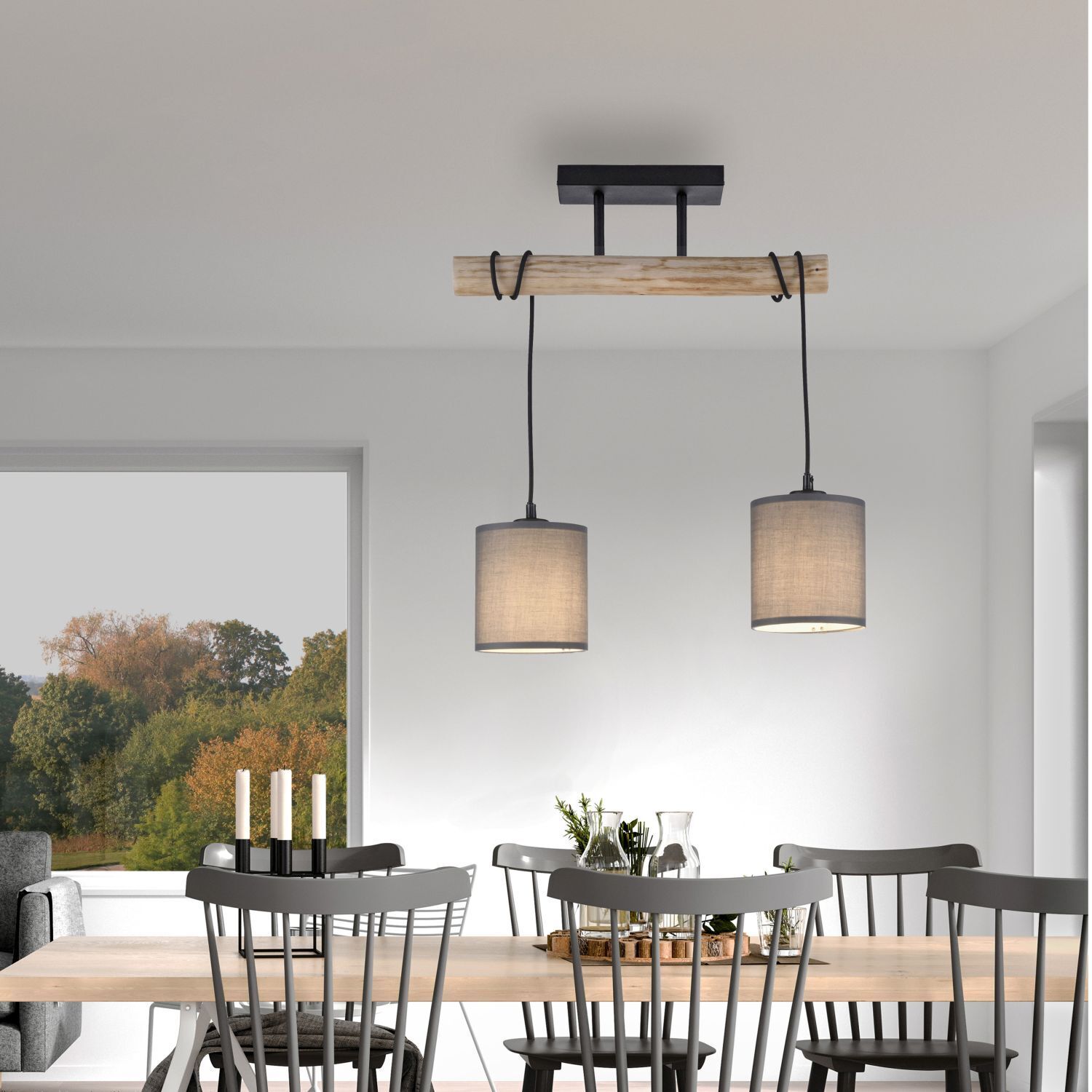 Blendarme Deckenleuchte Holzbalken Stoff 47,5 cm lang Esszimmer, Esstisch, Tisch, Innenarchitektur, Leuchte