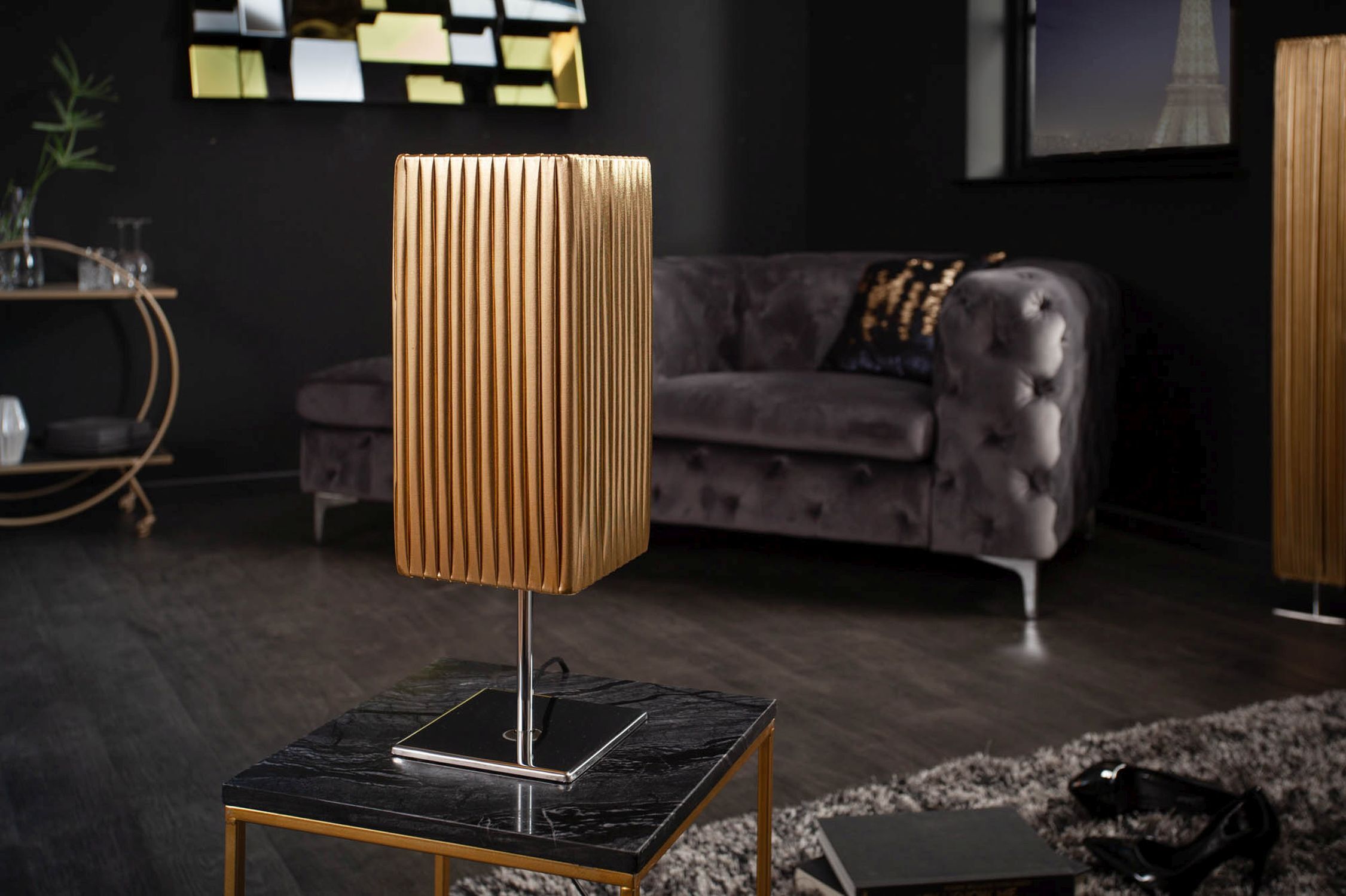 Lampe de table tissu métal H:44 cm E27 en noir or