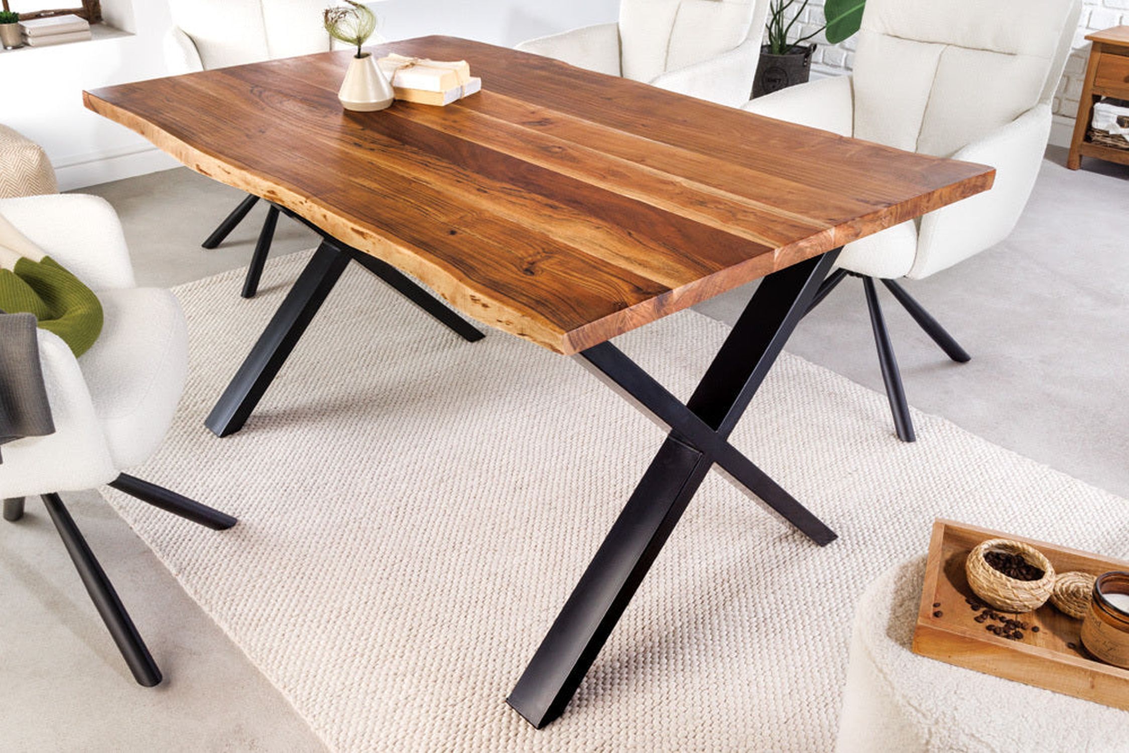 Table de salle à manger bord d'arbre en bois d'acacia métal 160 x 90 cm Moebel, Tabelle, Tischplatte, Holz, Gebeiztes Holz
