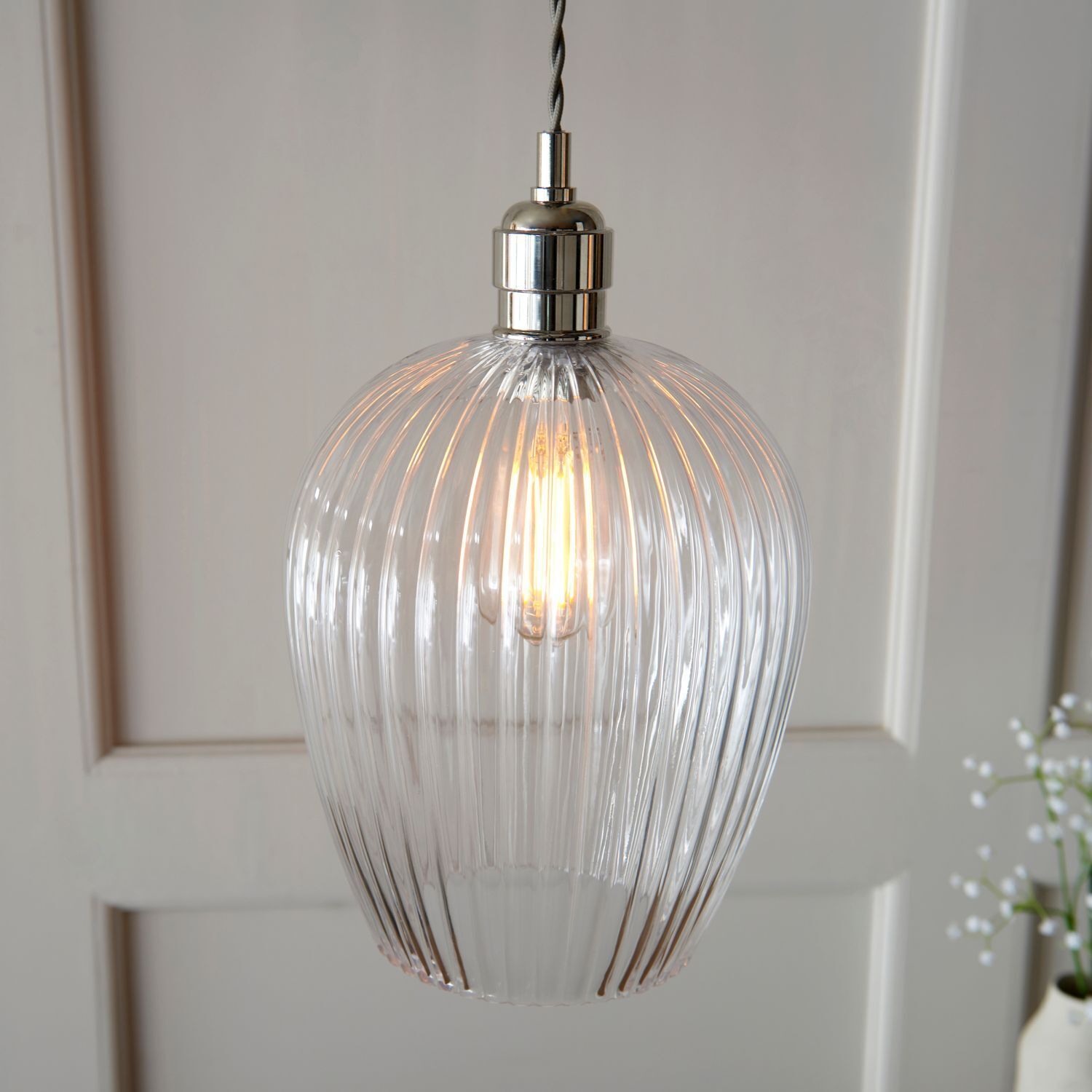 Lampe à suspendre verre cannelé métal Ø 21 cm nickel brillant E27