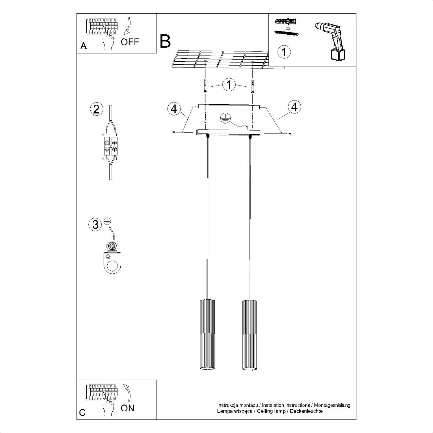 Suspension Noir L : 30 cm Aluminium GU10 2 flammes CAD-Diagramm, Diagramm