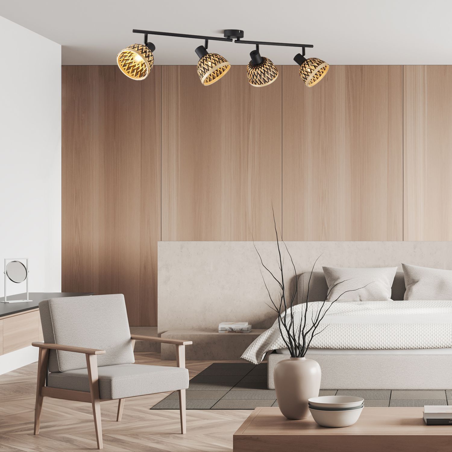 Spot de plafond Noir Naturel L : 94 cm 4x E14 Bois Métal