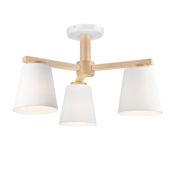 deckelampe, pendelleuchte, holz, weiße lampenschirme, 3-flammig