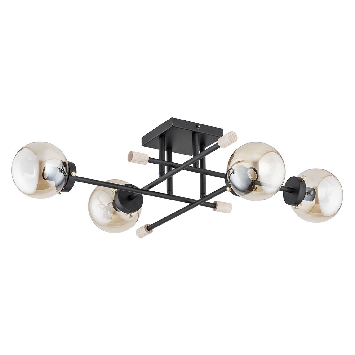 deckenleuchte-flurlampe-schwarze-deckenlampe-liria-4x-e14-bis-10w-schwarz-beige-holz-retro-metall-holz-glas-le130667-01 Deckenlampe, Ambientebeleuchtung, Metall, Schwarz, Glaskugeln