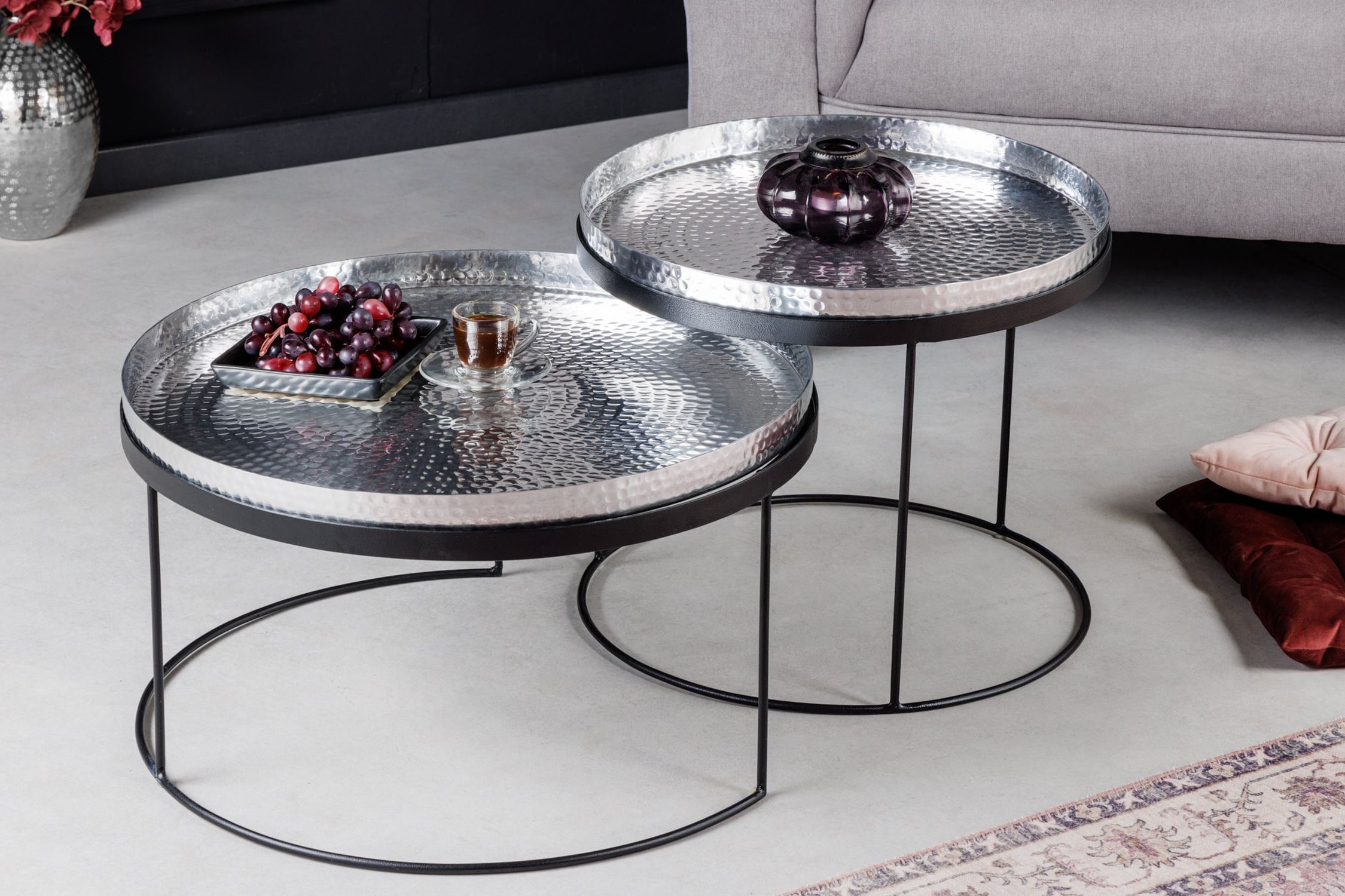 Table basse set de 2 avec plateau en argent noir fait main Kaffeetisch, Mobiliar, Tabelle, Tischplatte, Tasse