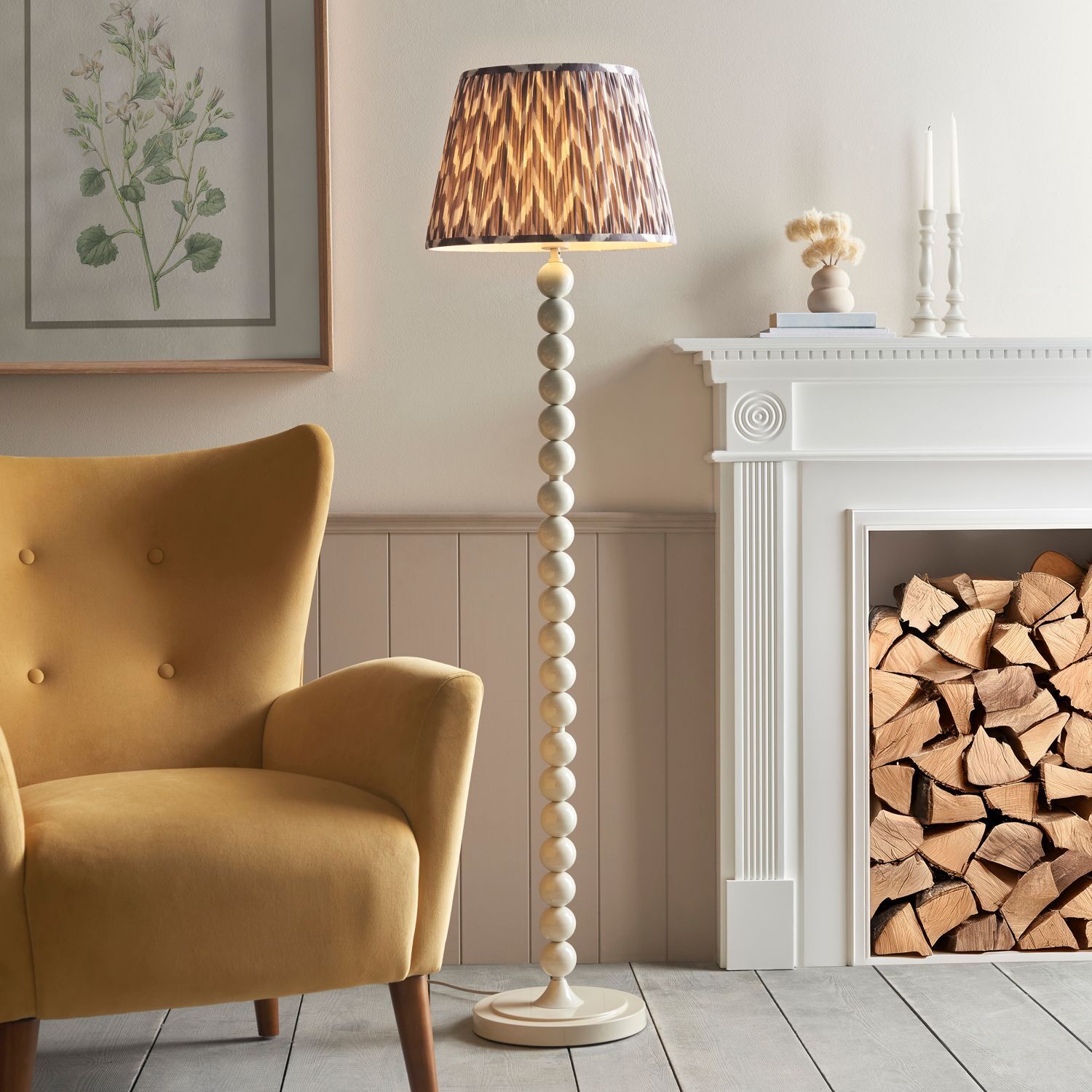 Lampadaire Tissu Métal 154 cm Crème Gris E27 à motifs