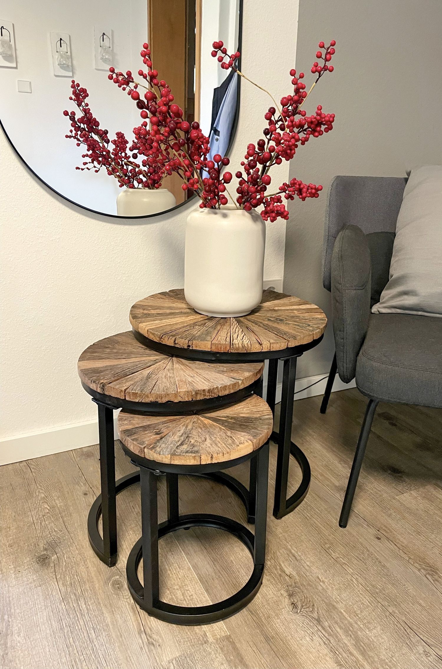 Set de 3 tables d'appoint bois acier Ø 28/38/46cm rond