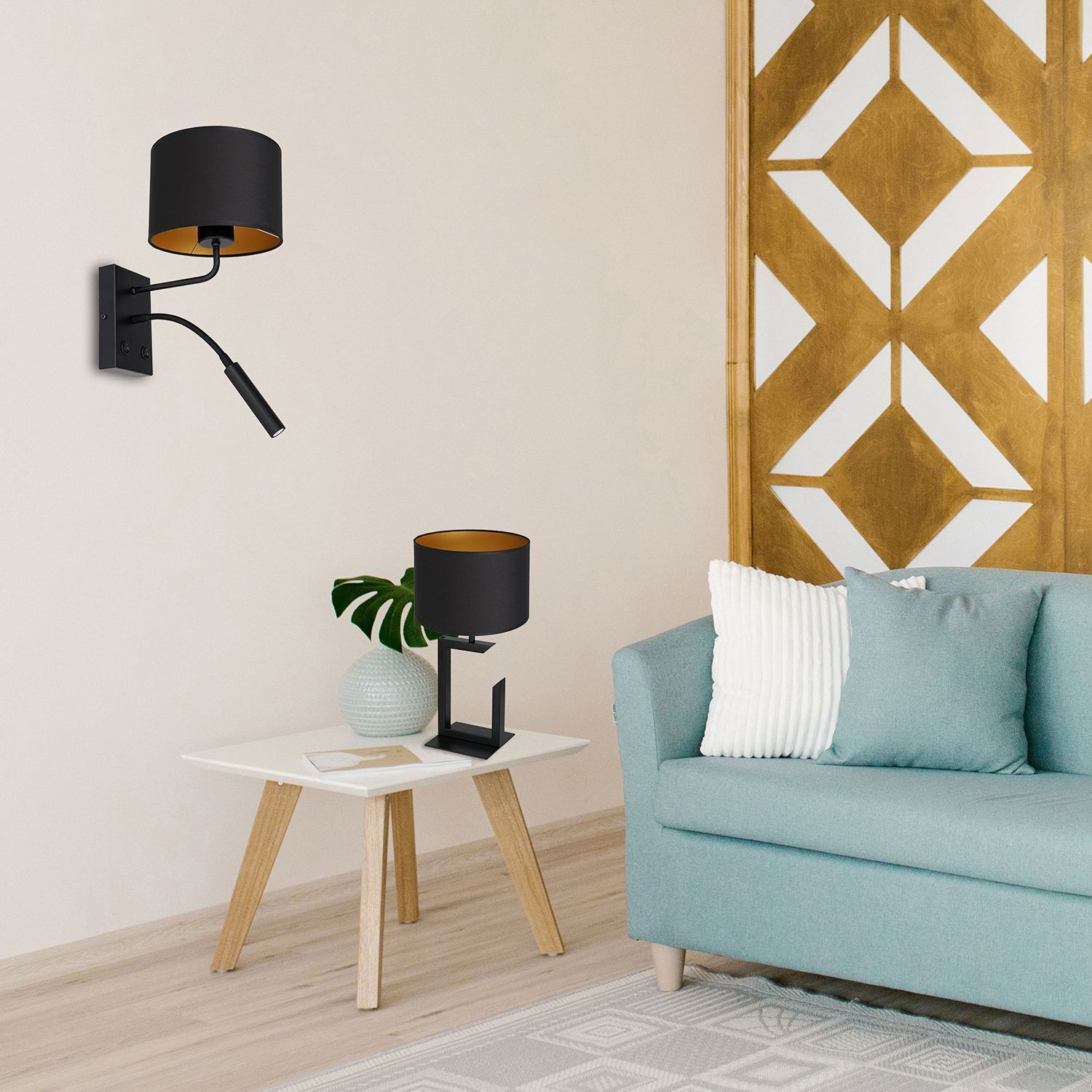 Wandlampe Schwarz Gold Stoff Lesearm E27 G9 wohnlich Lampe, Couch, Innenarchitektur, Pflanze, Schreibtisch