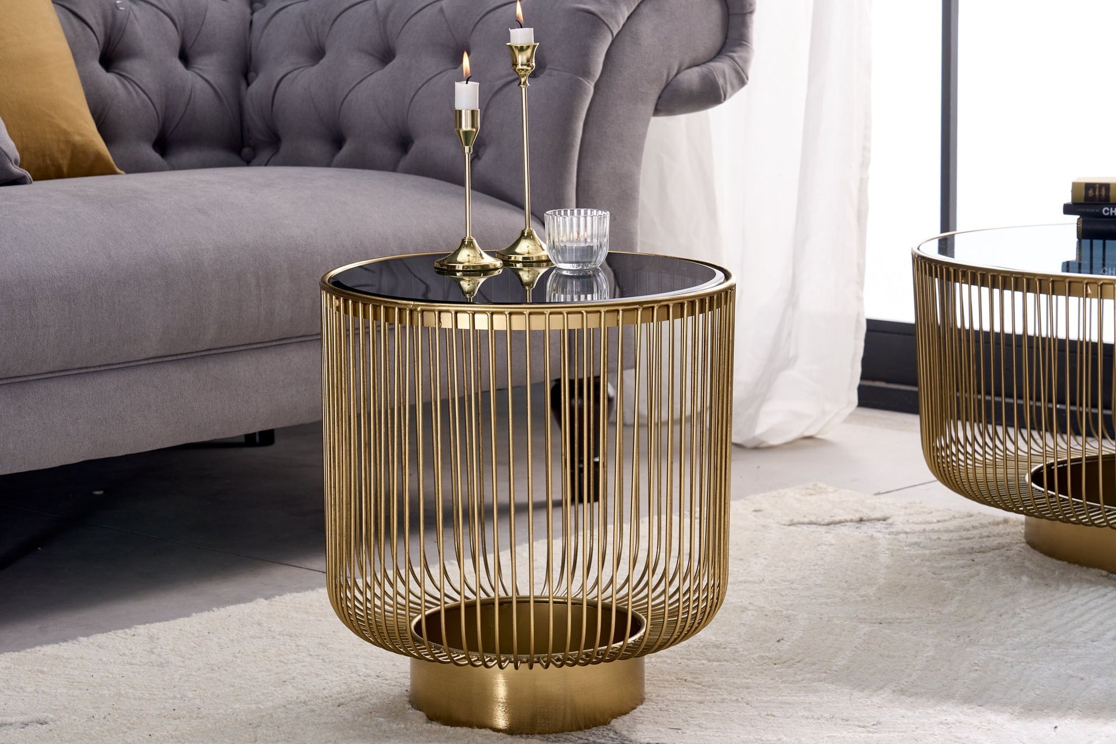 Table d'appoint or noir ronde Ø 41 cm verre trempé métal Kaffeetisch, Mobiliar, Tabelle
