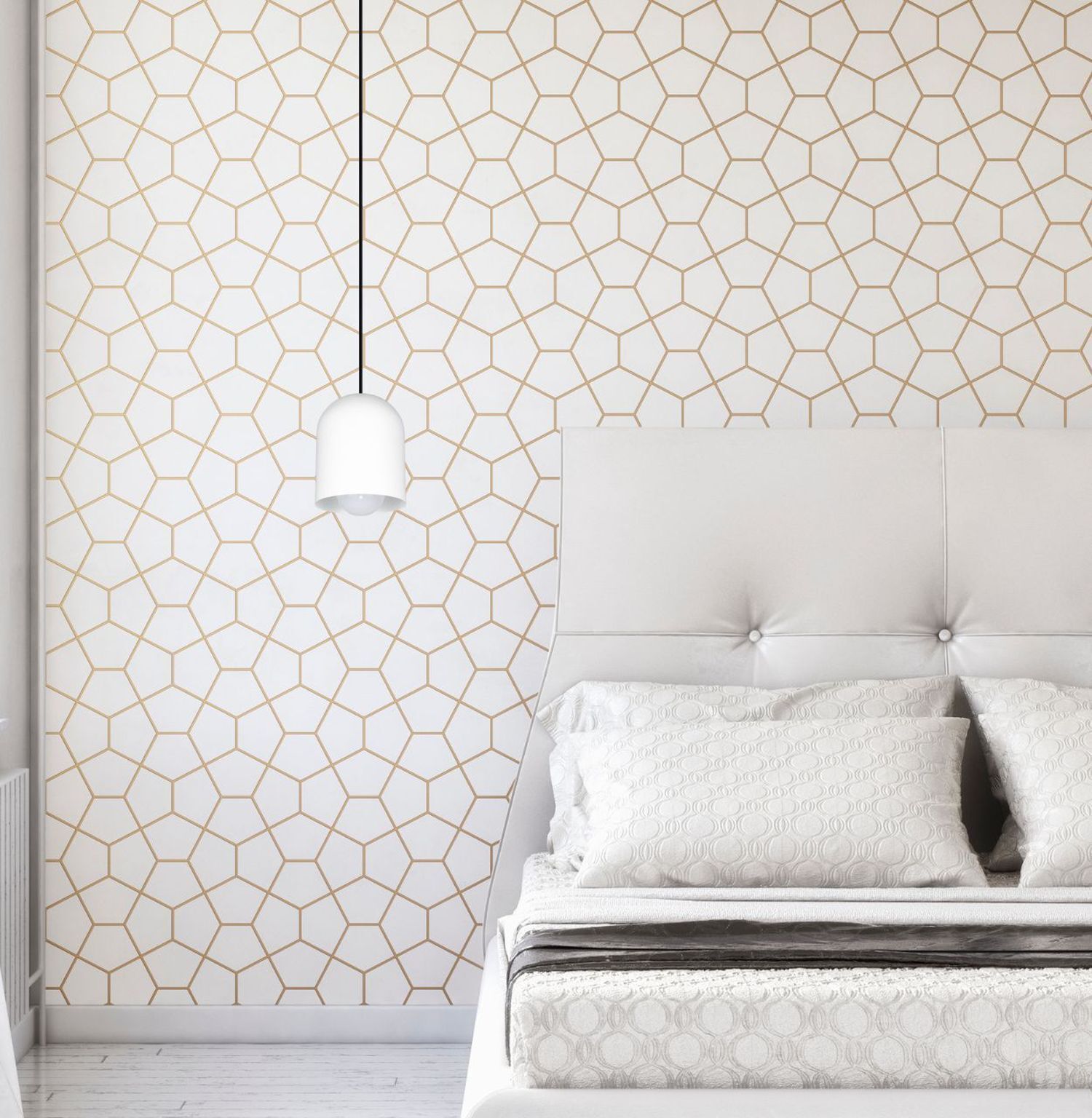 Wandtapete, Geometrisches Muster, Hexagonen, Goldene Linien, Schlafzimmer