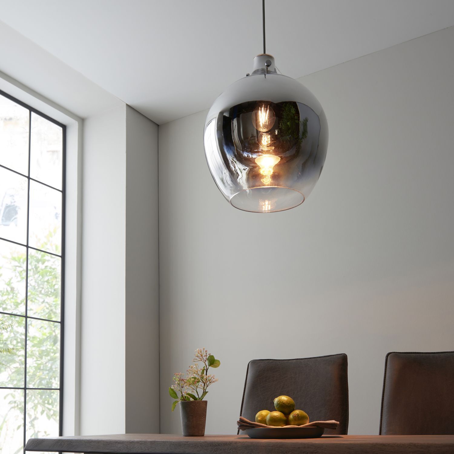 Lampe à suspendre verre fumé métal Ø 32 cm chrome gris miroir E27