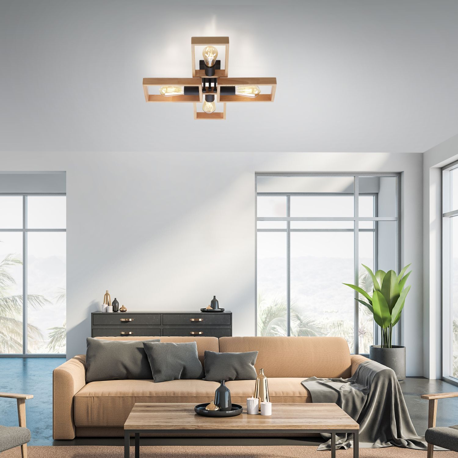 Lampe de plafonnier naturelle Rétro Bois Métal L:62 cm E27