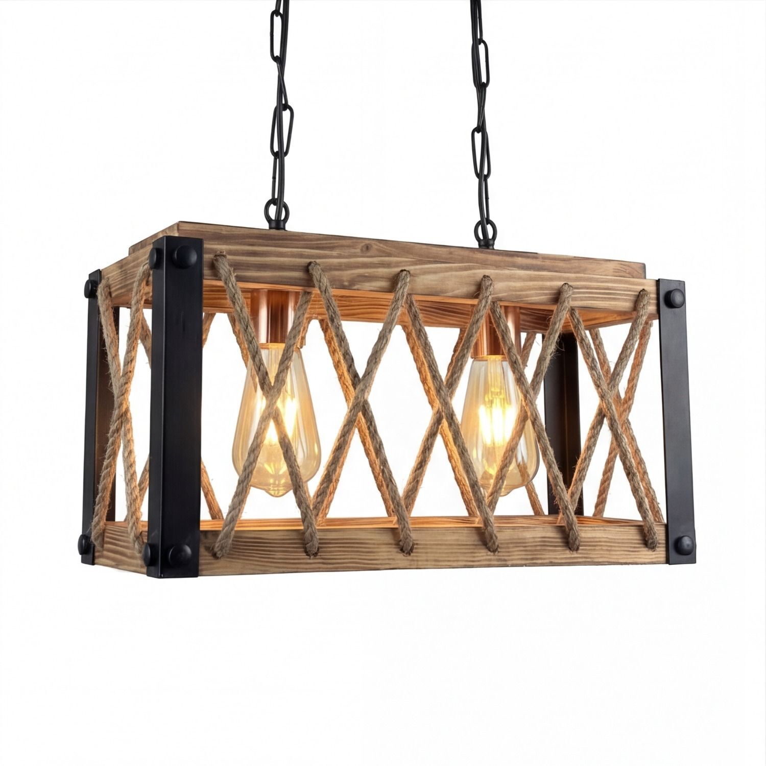 Hänge­leuchte, Industrie-Stil, Holzlampe, Seilzugrahmen, Edison-Glühbirne