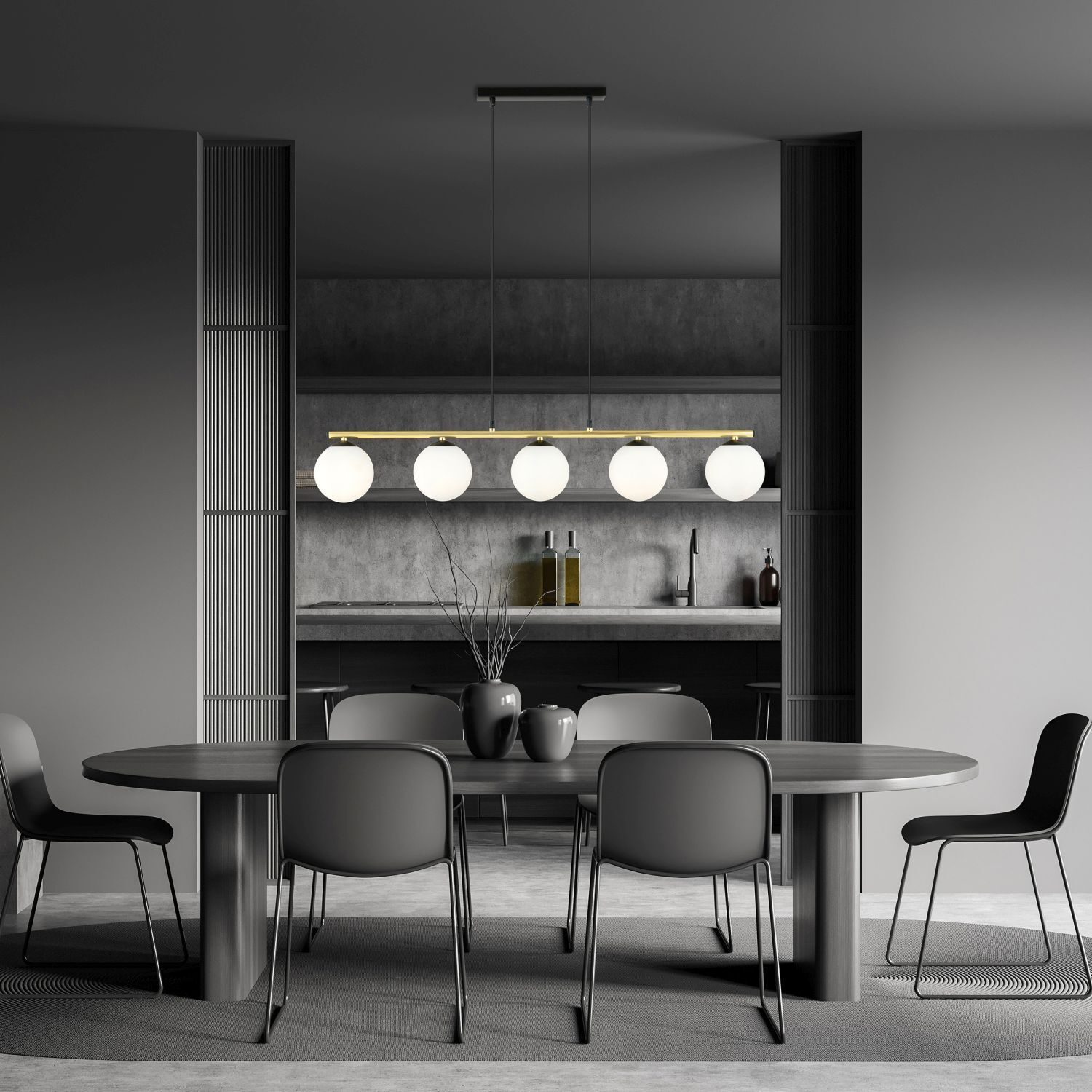 Suspension noir blanc or E14 verre métal 105 cm de long