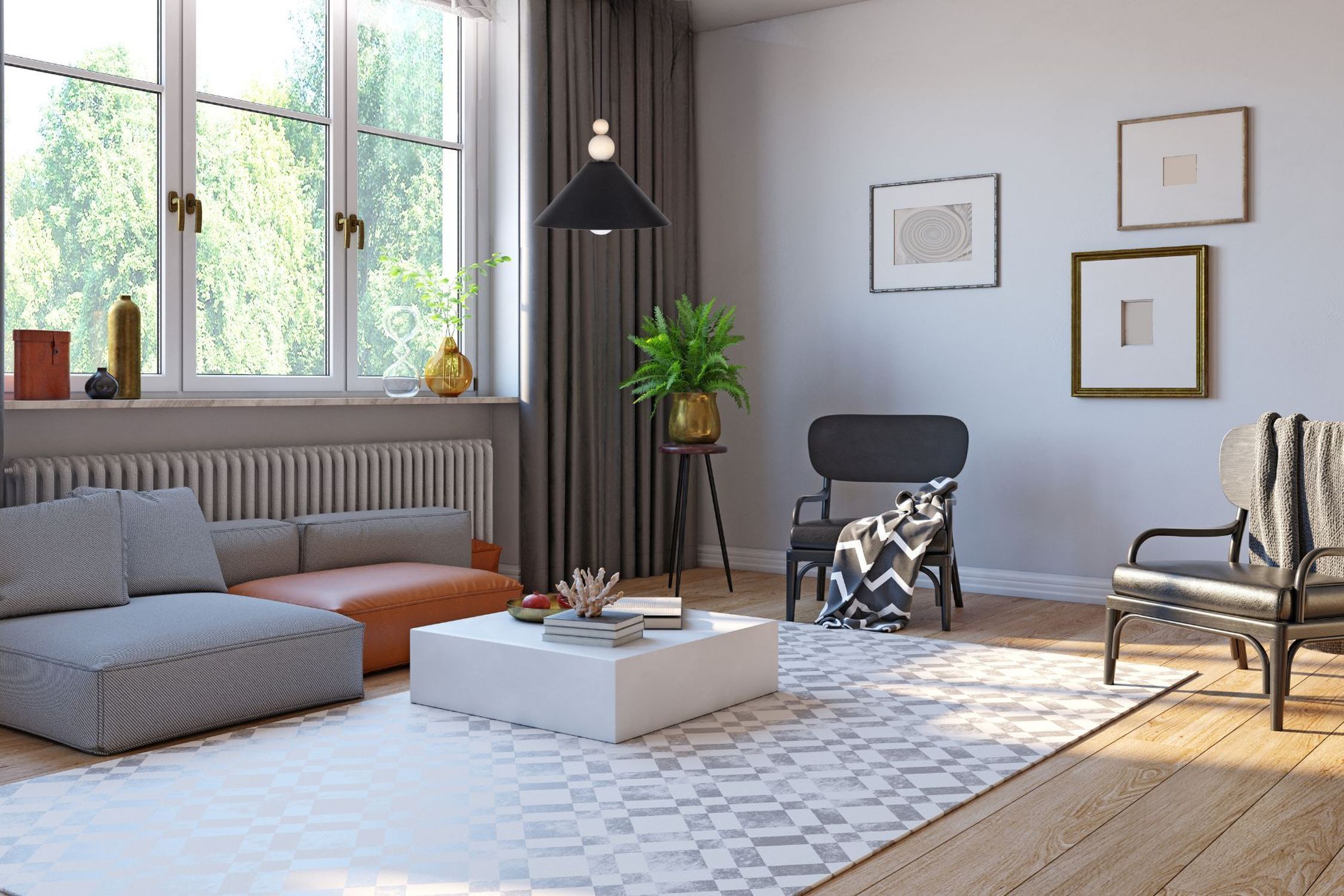 Wohnzimmer, Sofa, Teppich, Sessel, Pflanze