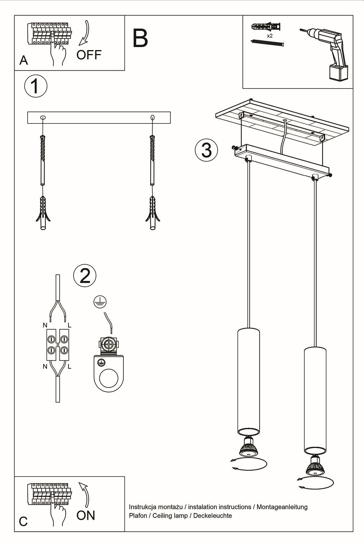 Suspension étroite Noir Métal 2 feux GU10