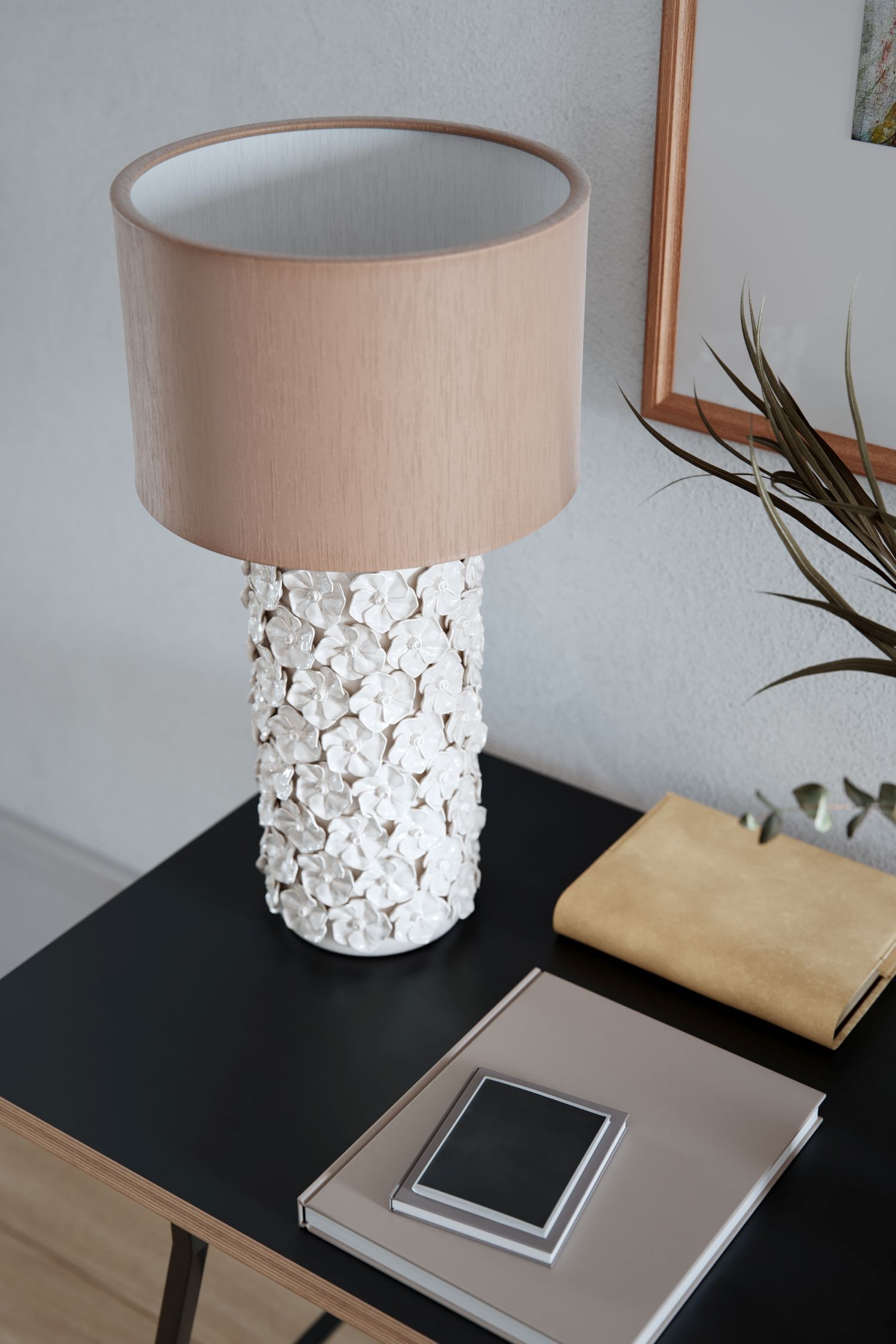 Lampe de table céramique tissu 54,5 cm de haut Beige E27 Floral Lampe, Tischlampe