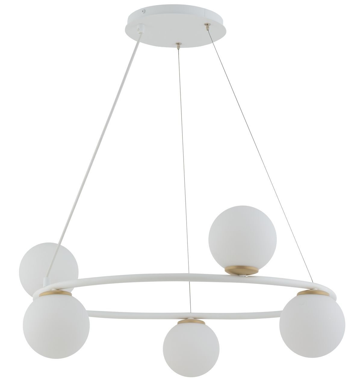 Suspension 5 flammes métal verre blanc boules L:68 cm