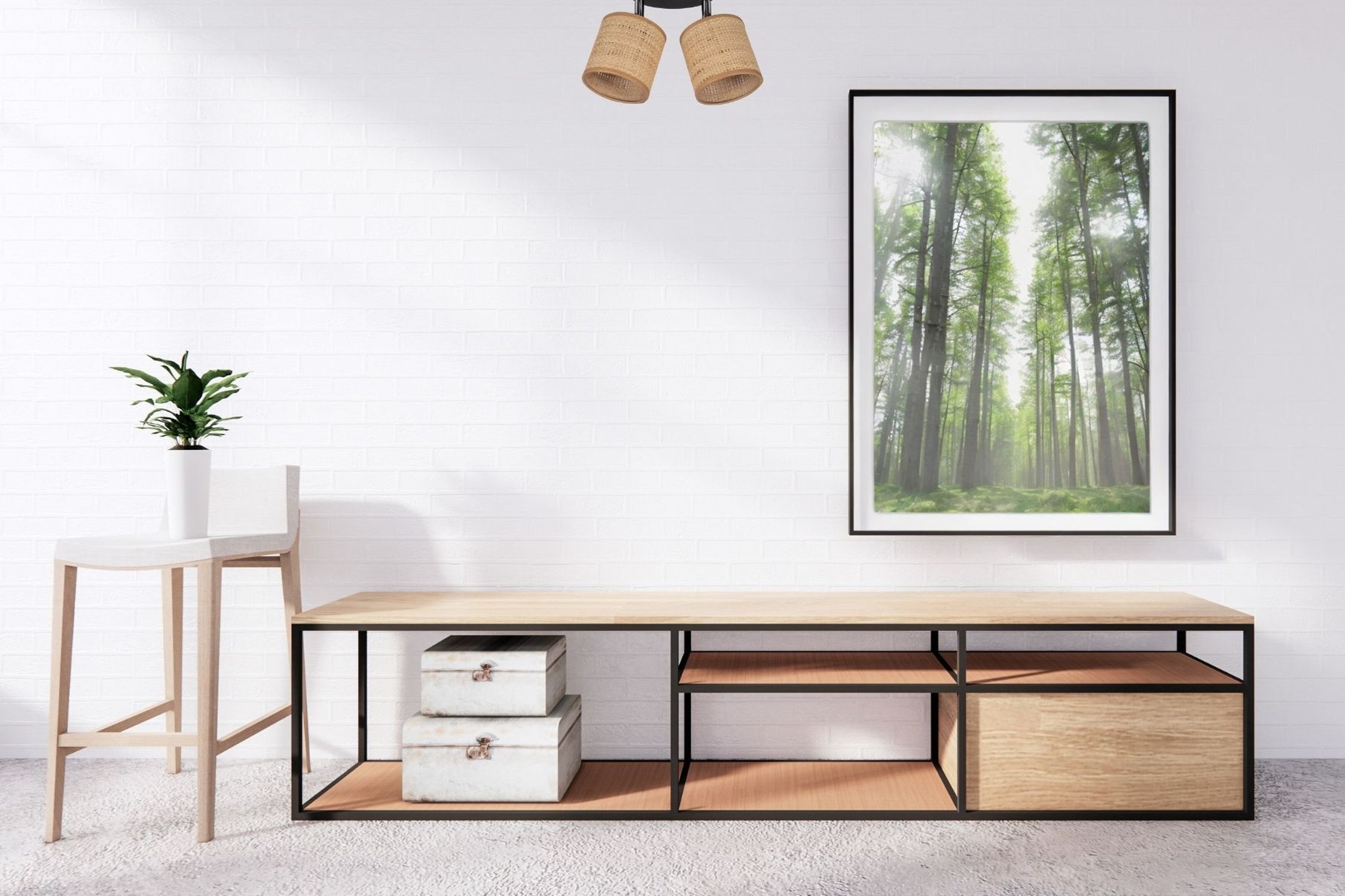 low table, tv stand, wooden shelf, black metal frame, decorative storage