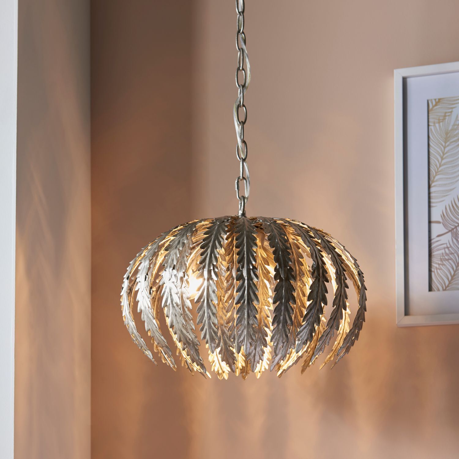 Suspension métal Ø 45 cm rond feuille d'argent 3x E14 Floral