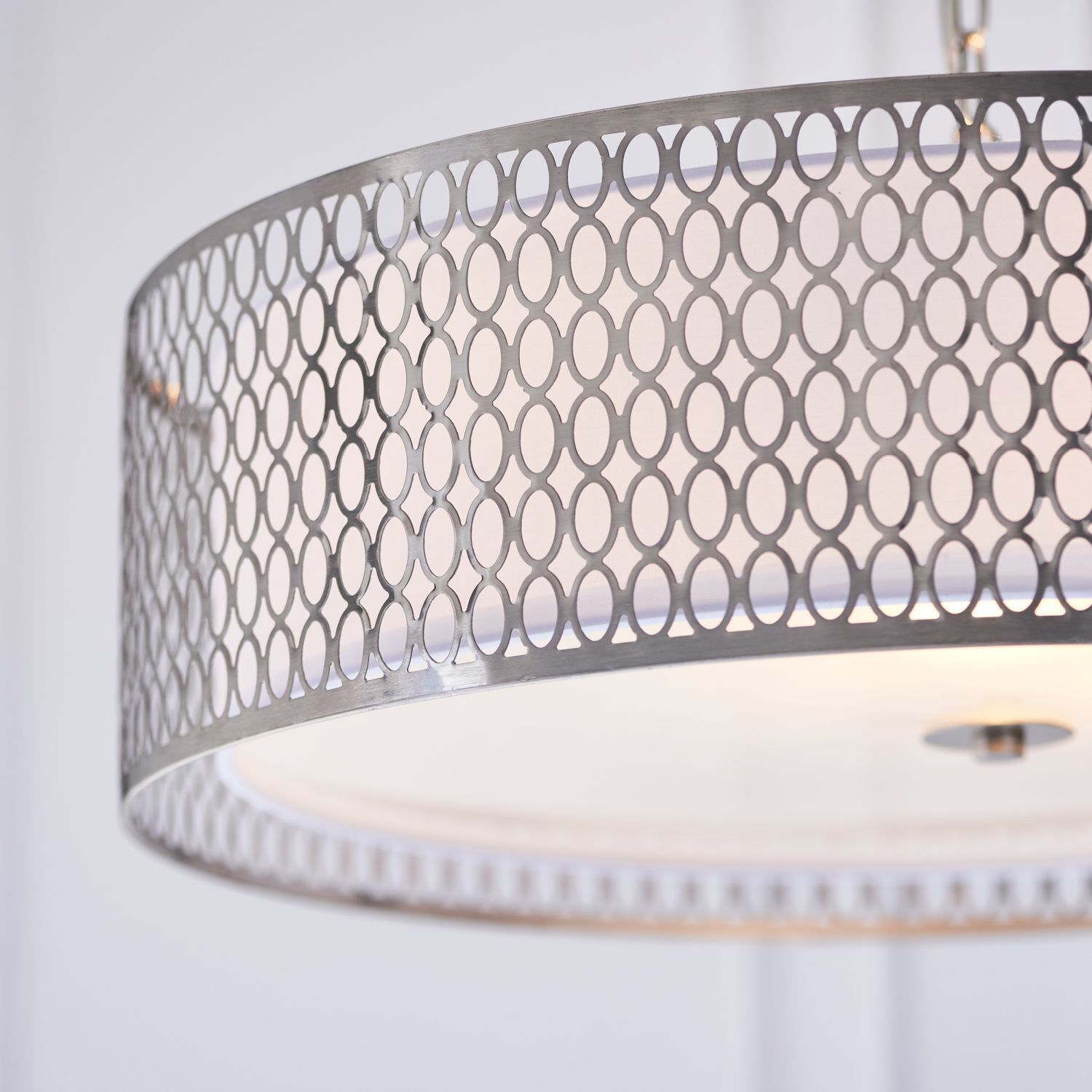Suspension ronde Ø 56 cm métal verre tissu en nickel blanc 3x E27