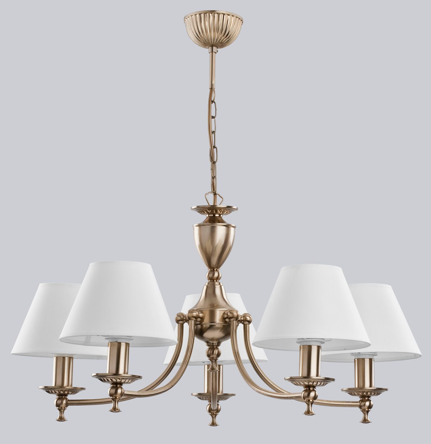 haengelampe-luester-xxl-stoff-pendelleuchte-jurida-5x-e14-bis-10w-messing-antik-creme-le130637-02 Kronleuchter, Messing-Finish, Sechs Leuchten, Weiße Lampenschirme, Deckenmontage