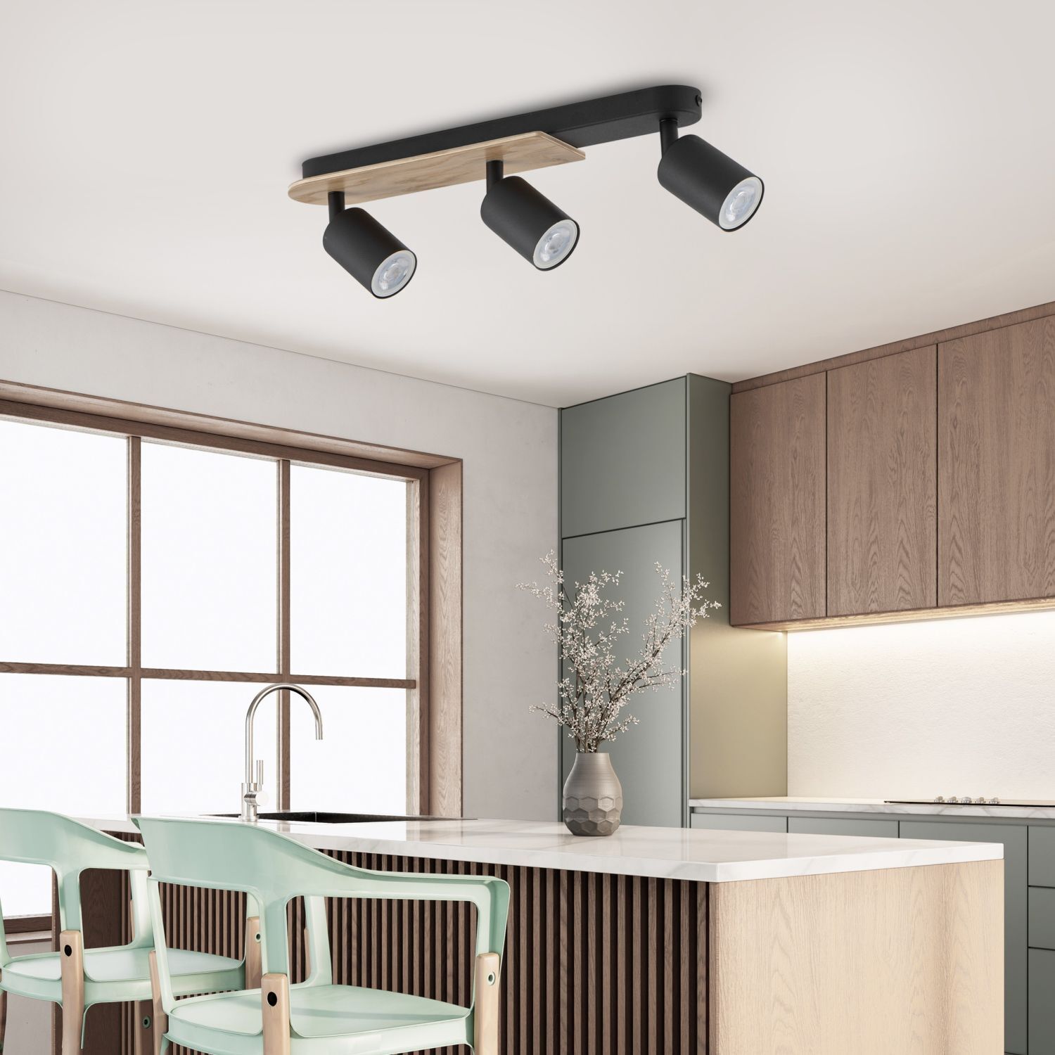 Spot à poser 3 flammes GU10 51 cm Métal Bois Moderne