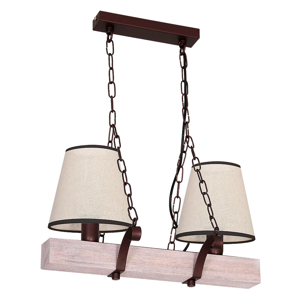 Suspension Rustique Bois Tissu 2x E27 Marron Beige