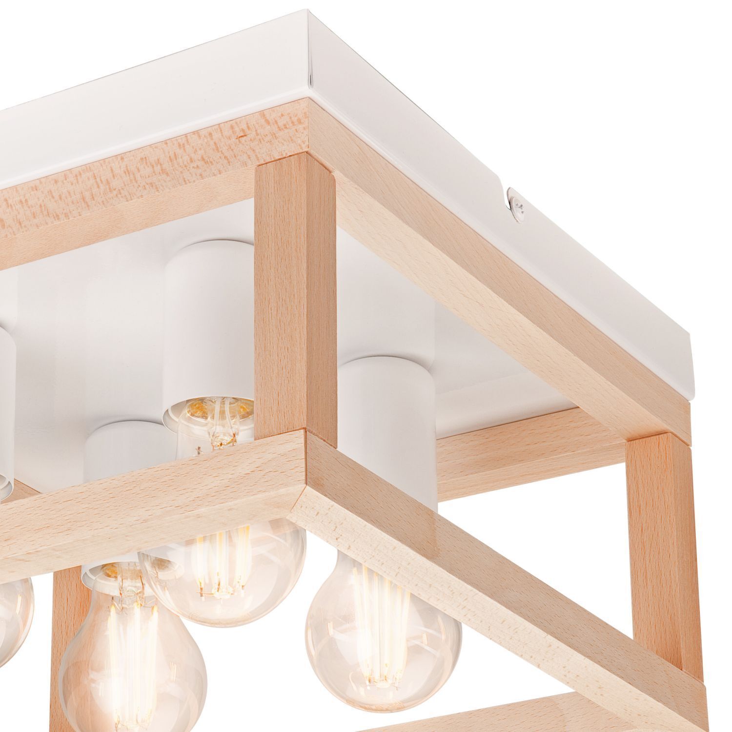 Plafonnier bois métal 4 flammes E27 L : 30 cm carré