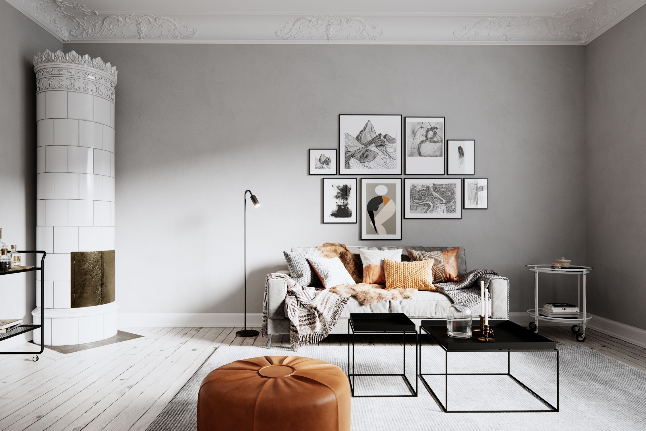 Stehleuchte Schwarz 146 cm klein Metall GU10 Retro sofa, wohnzimmer, kissen, kunst collage, couchtisch