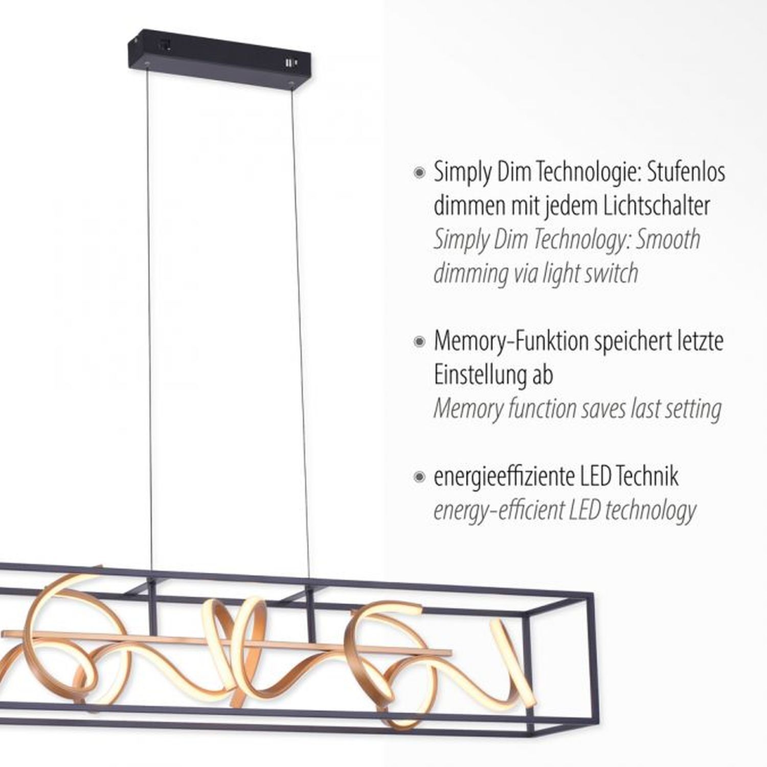 Lampe LED à suspendre Noir Or Métal L:110 cm intensité lumineuse variable Leuchter, Lampe