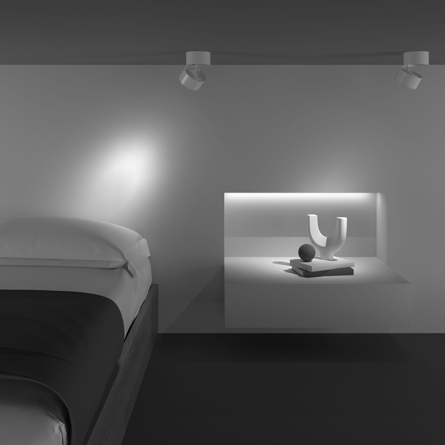 Bettrahmen, Nachttisch, Lampe, Bett, Schwarz-Weiß-Kontrast