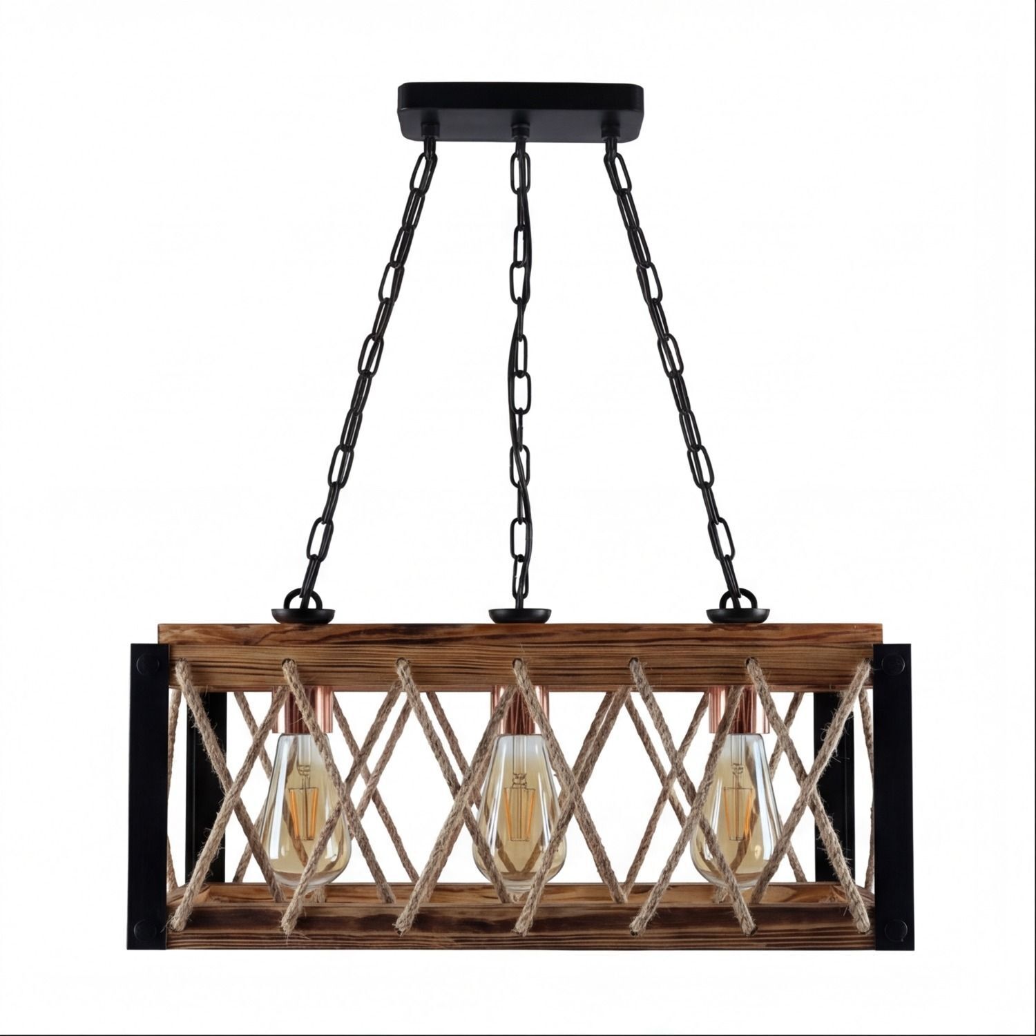 Hängeleuchte, Holzrahmen, Kettenlampen, Industrial Stil, Edison Glühbirnen