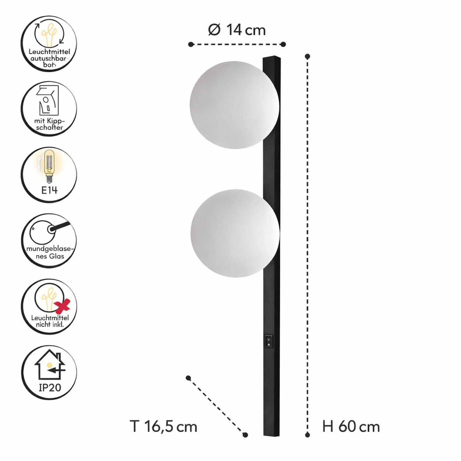 Wandlampe, Beleuchtung, Standleuchte, zwei Kugellampen, E27/E14 Glas