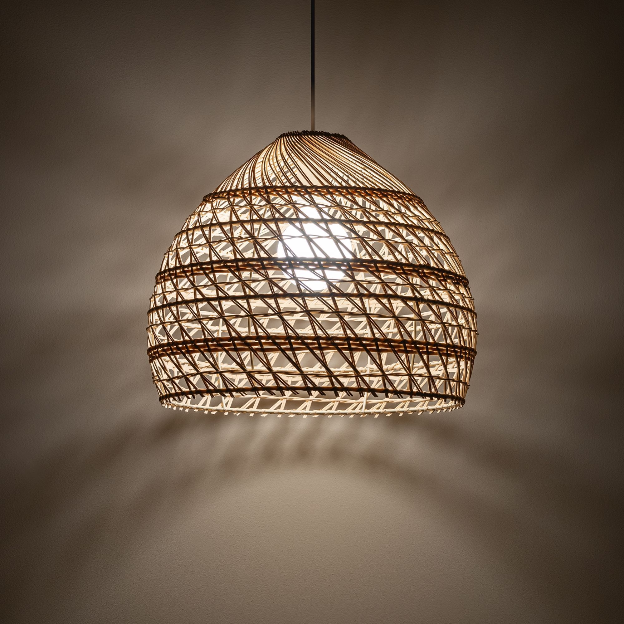 Runde Hängelampe Rattan Naturholz E27 Ø43 cm wohnlich Leuchte, Hängelampe, Korblampe, Rattan, E27