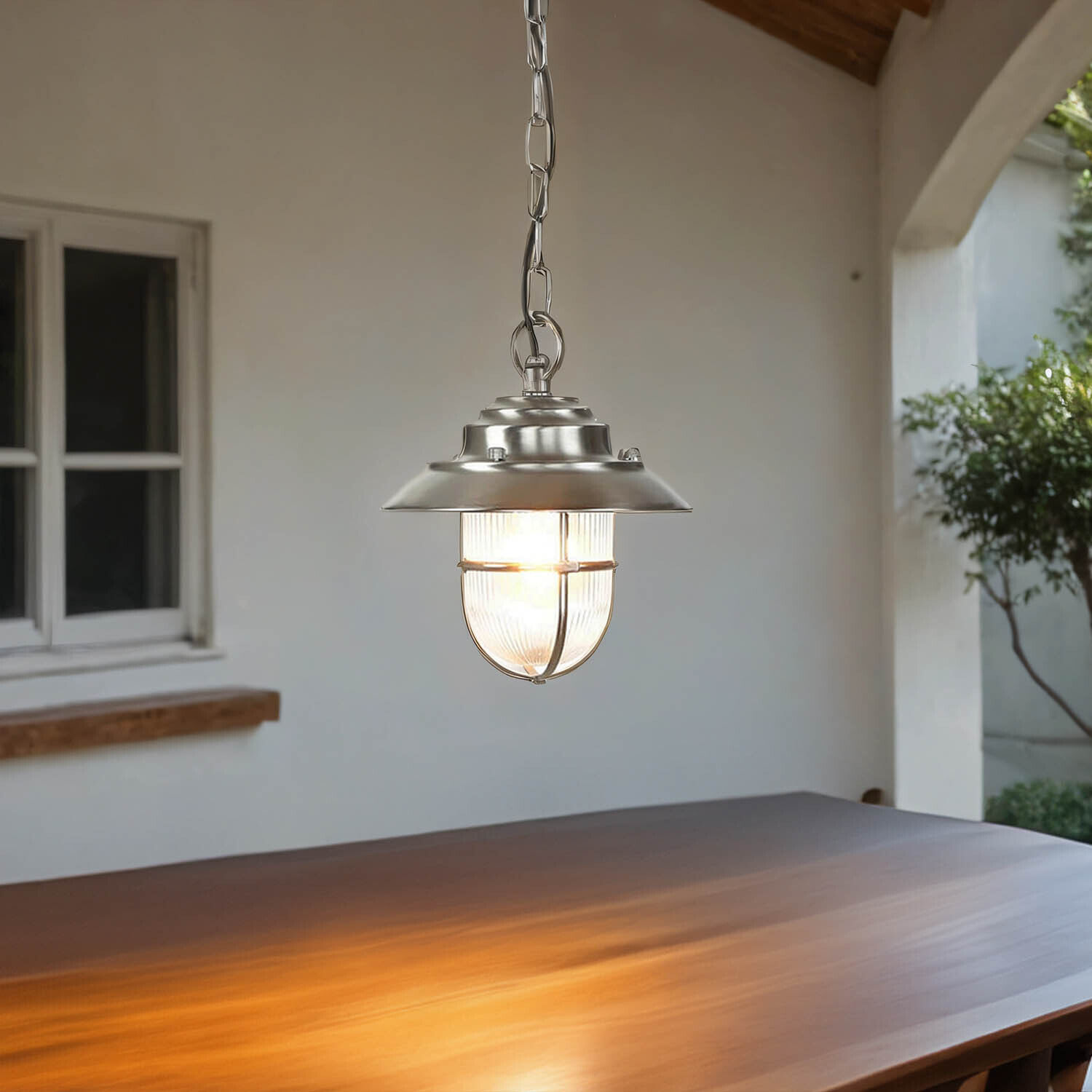 Lampe à suspension extérieure en nickel laiton véritable verre strié