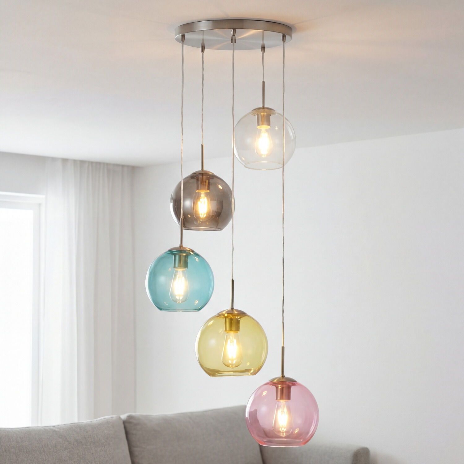 Hängeleuchte Glas Ø 50 cm 5-flammig E27 Bunt Chrom Hängeleuchte, Glas Pendel, Mehrfarbige Glaskugeln, Hängelampe, Wohnzimmerlampe