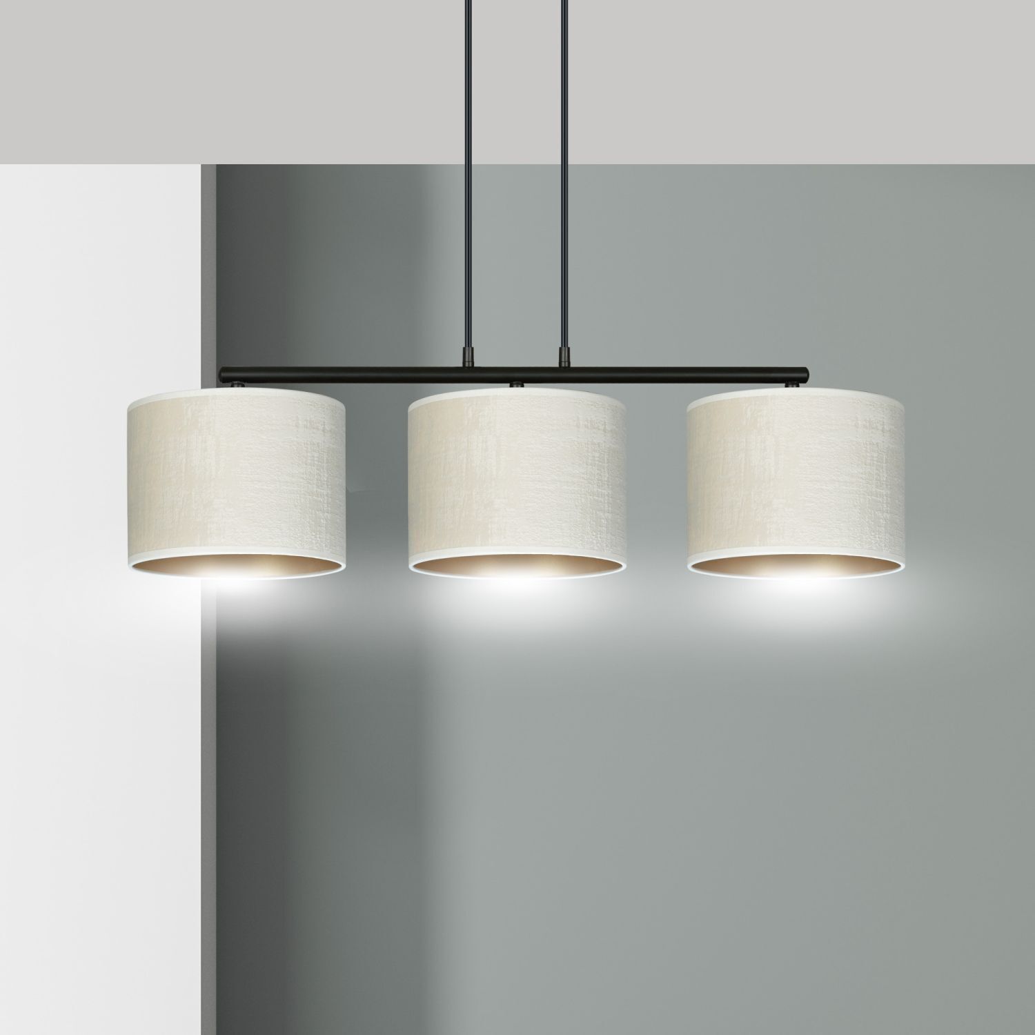 Lampe à suspendre tissu métal L : 72 cm noir blanc or 3x E27