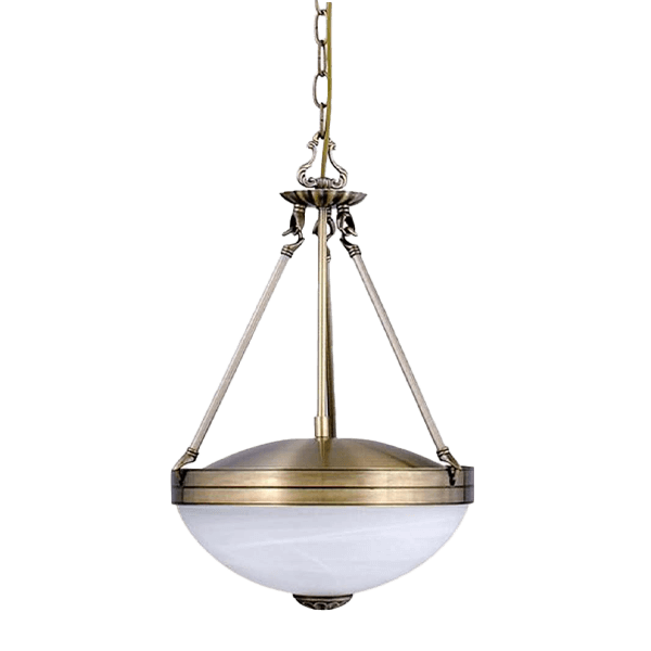 hängelampe, pendelleuchte, bronzefarbig, glasschirm, dreibeinige konstruktion