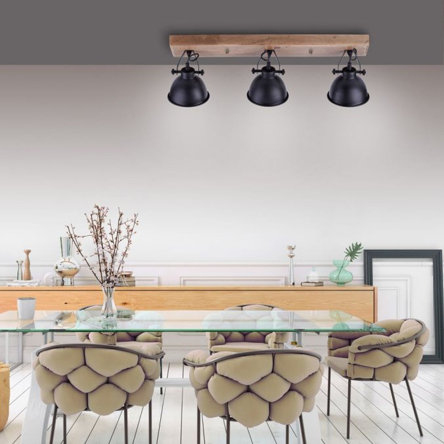 Industrial Deckenspot Holz Metall Schwarz E14 74 cm Speisesaal, Esstisch, Tisch, Innenarchitektur, Beleuchtung