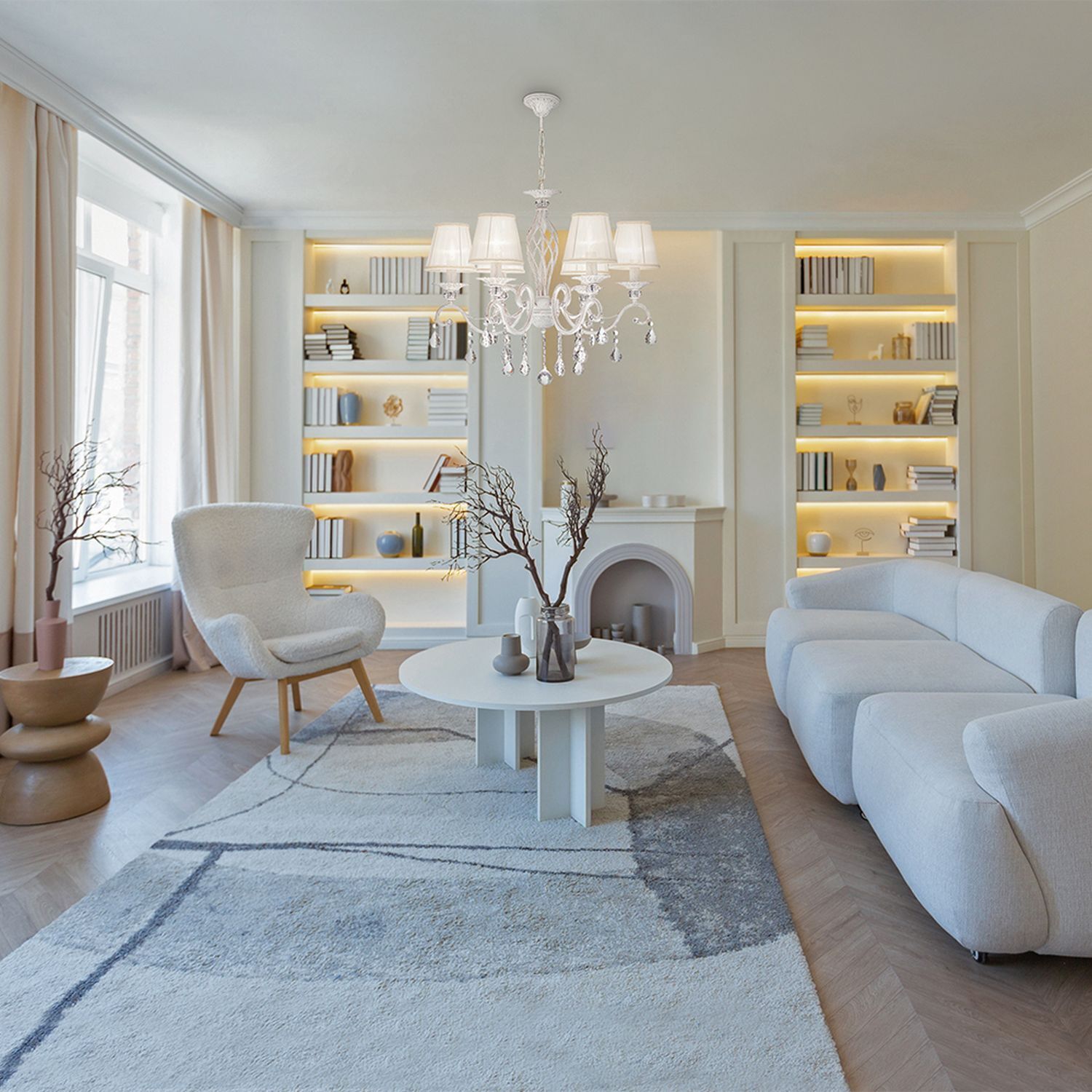 Hängeleuchte Metall Stoff 63 cm breit H: max. 116 cm Dekoration für Zuhause, Teppich, Mobiliar, Tabelle, Wohnzimmer